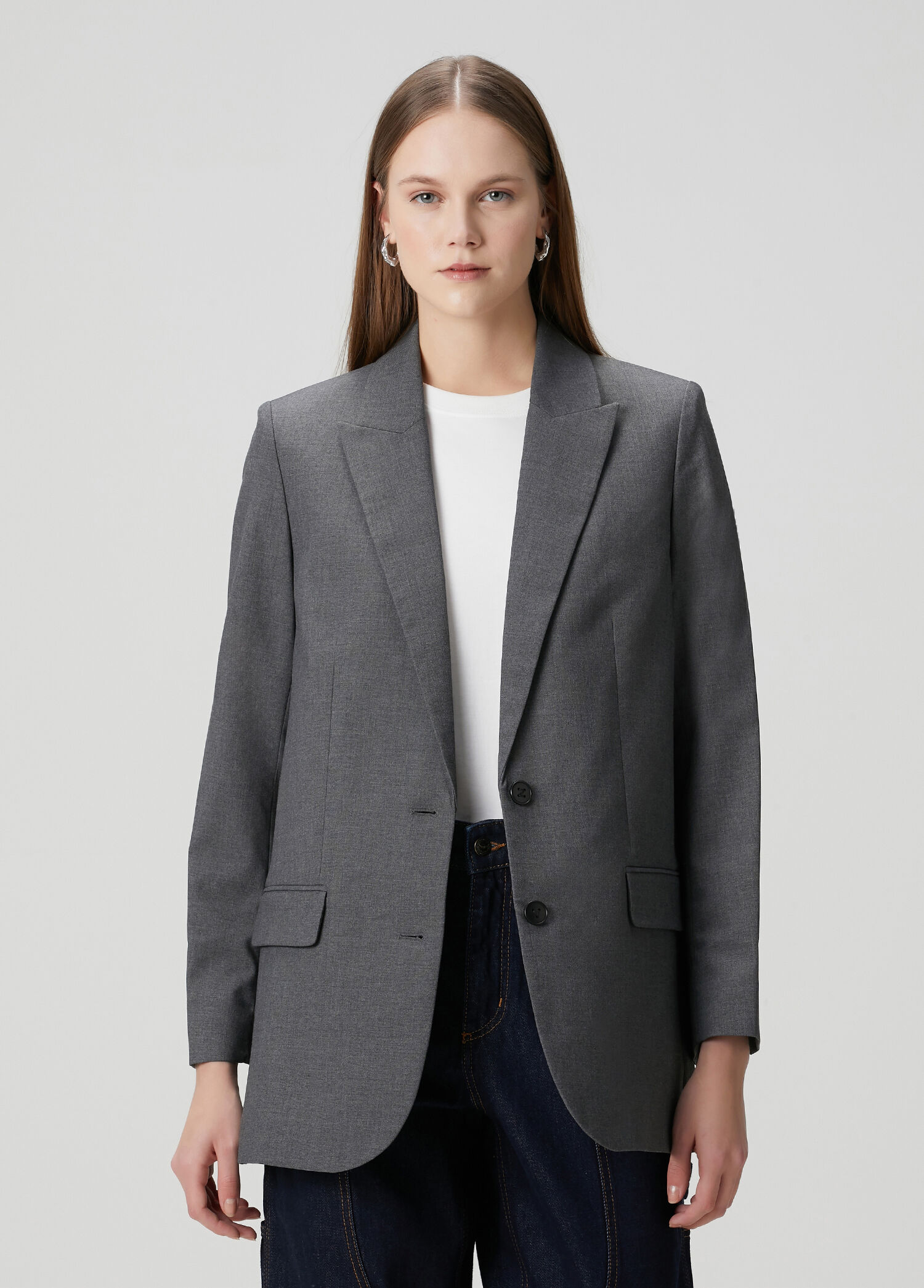 Gri Taş Arkası Taşlı Sloganlı Blazer