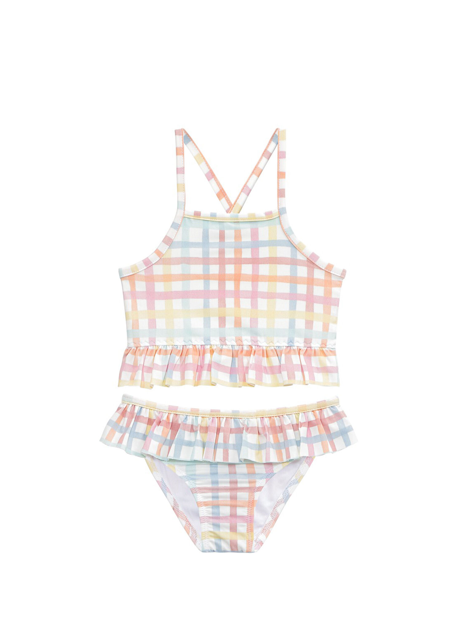 Rainbow Gingham Fırfırlı UV Korumalı Kız Çocuk Bikini Takımı