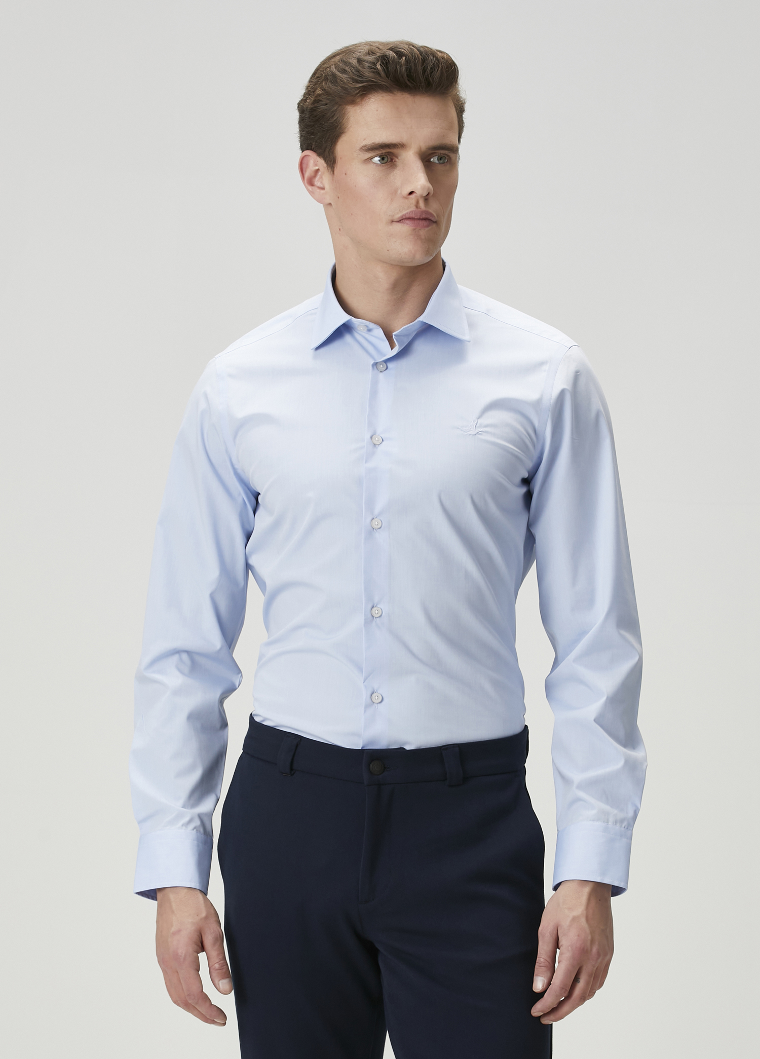 Slim Fit Mavi Non-Iron Poplin Gömlek