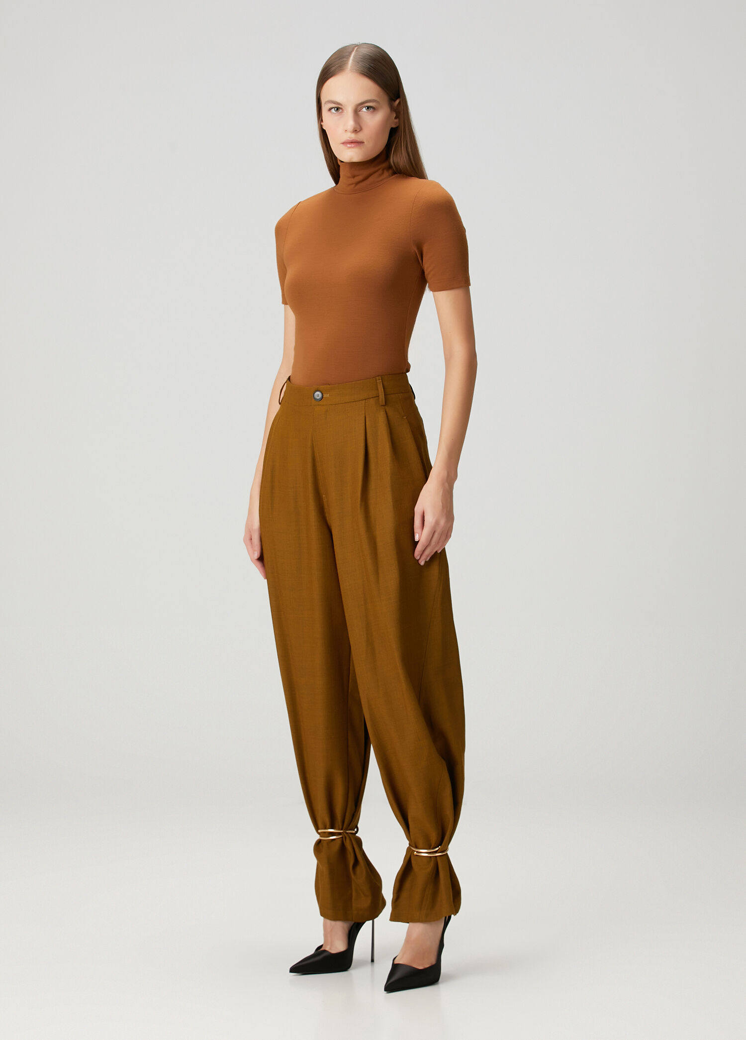 Tütün Wide Leg Yün Pantolon