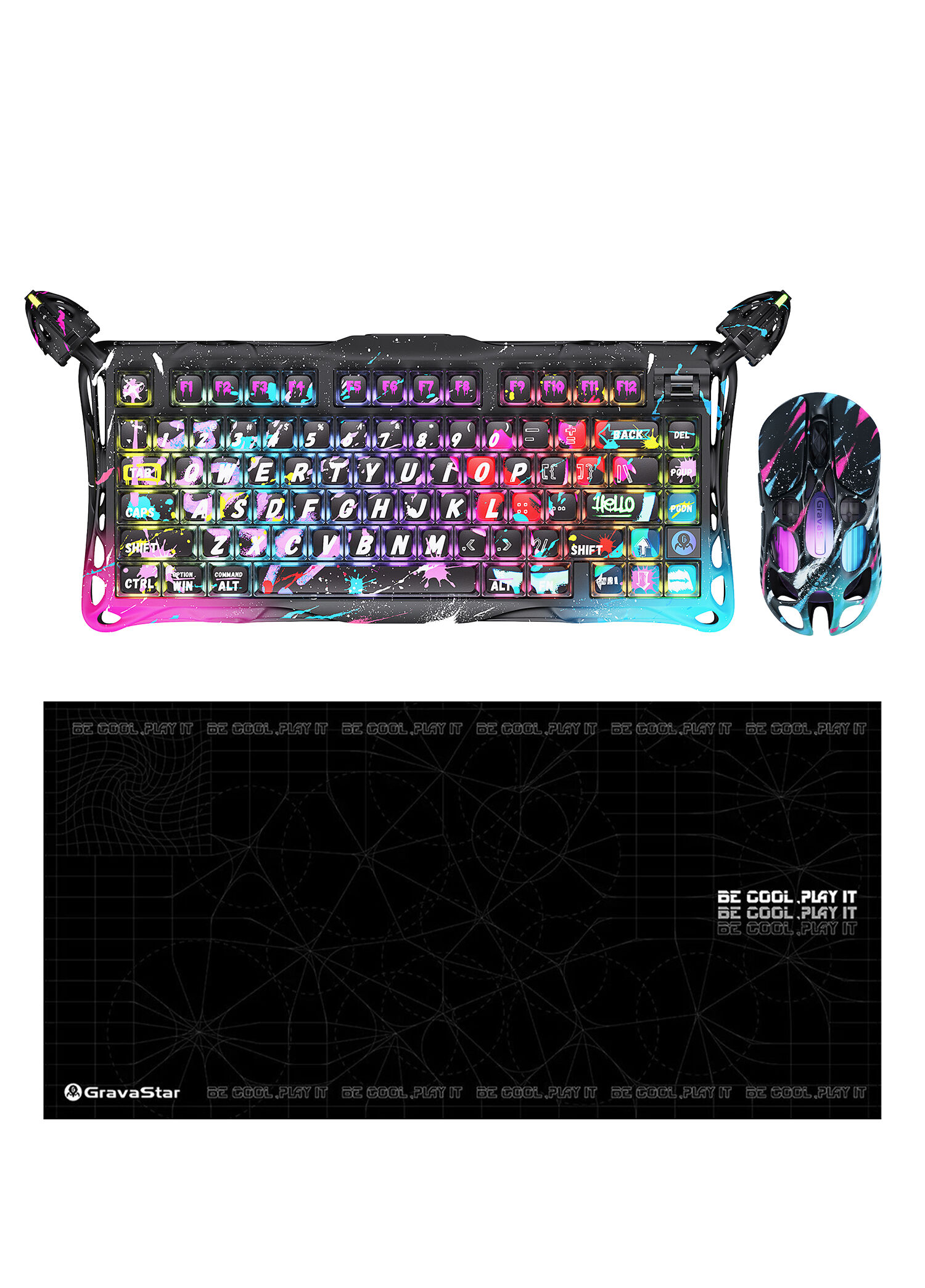 V75 Pro Neon Graffiti Manyetik Kablolu Gaming Klavye + XPro Kablosuz Optik Mouse ve Mousepad Oyuncu Seti
