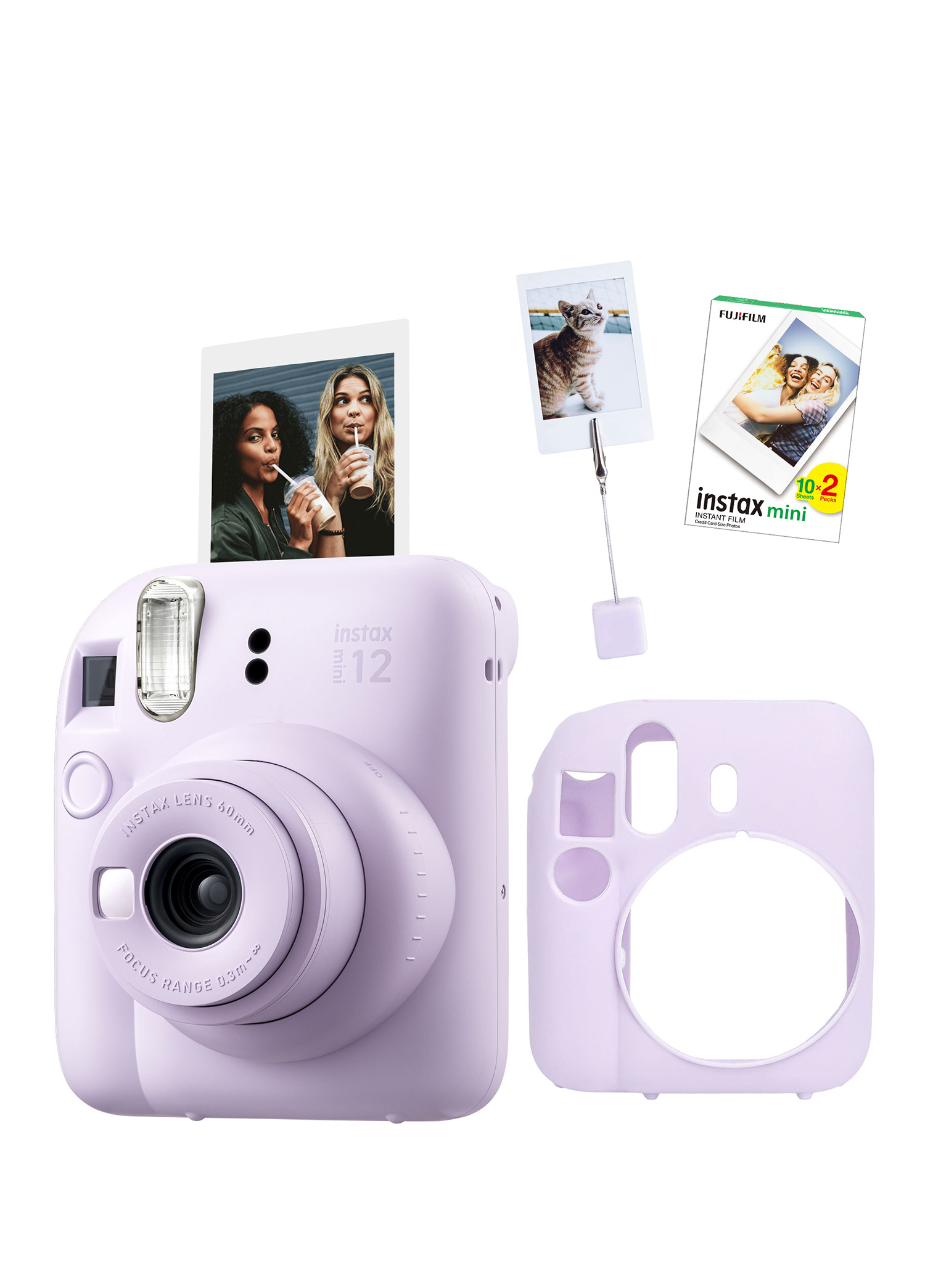 Instax Mini 12 Lila Fotoğraf Makinesi + 20'li Film Kıskaçlı Resim Standı ve Silikon Kılıf Seti