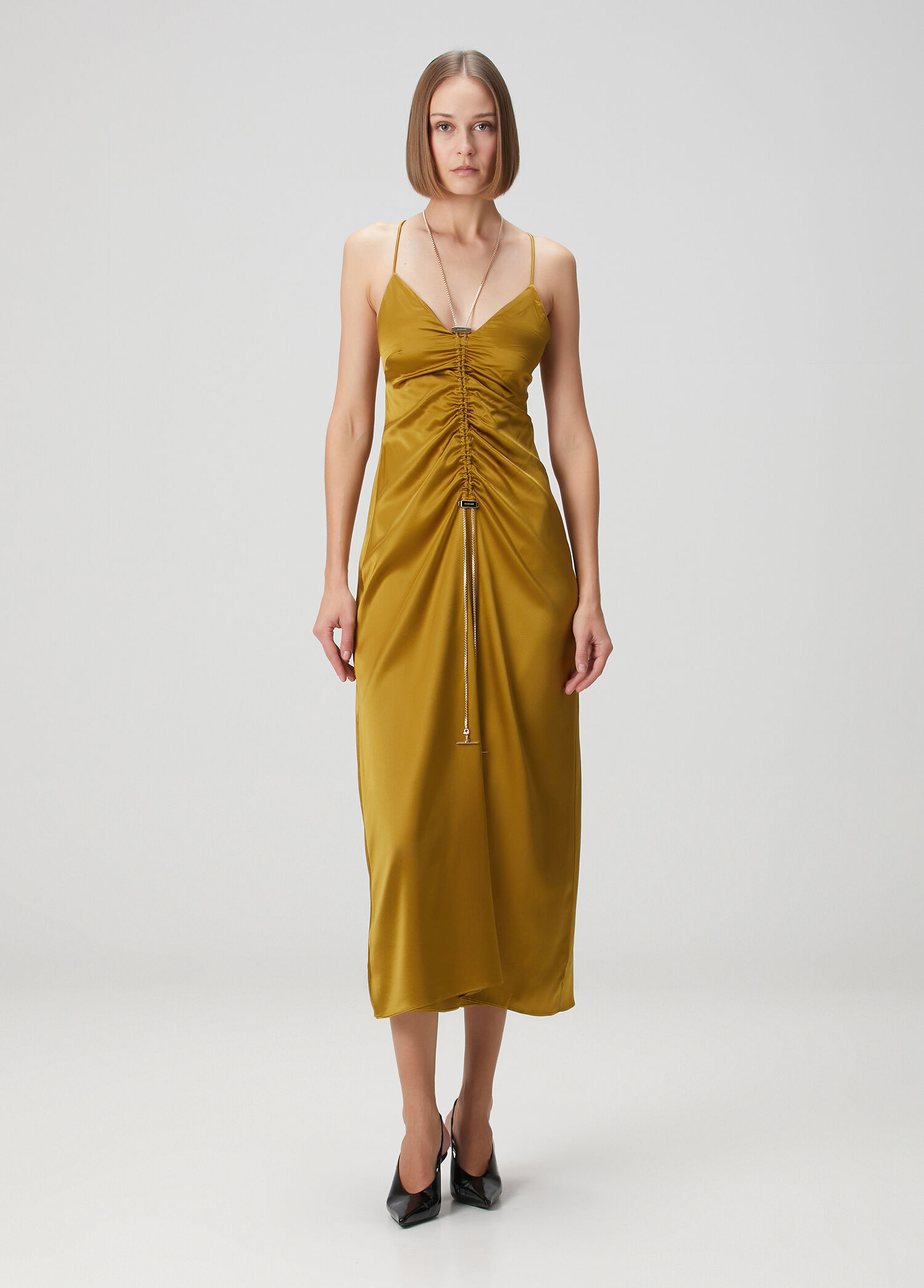 Gold Drape Detaylı İpek Midi Abiye Elbise
