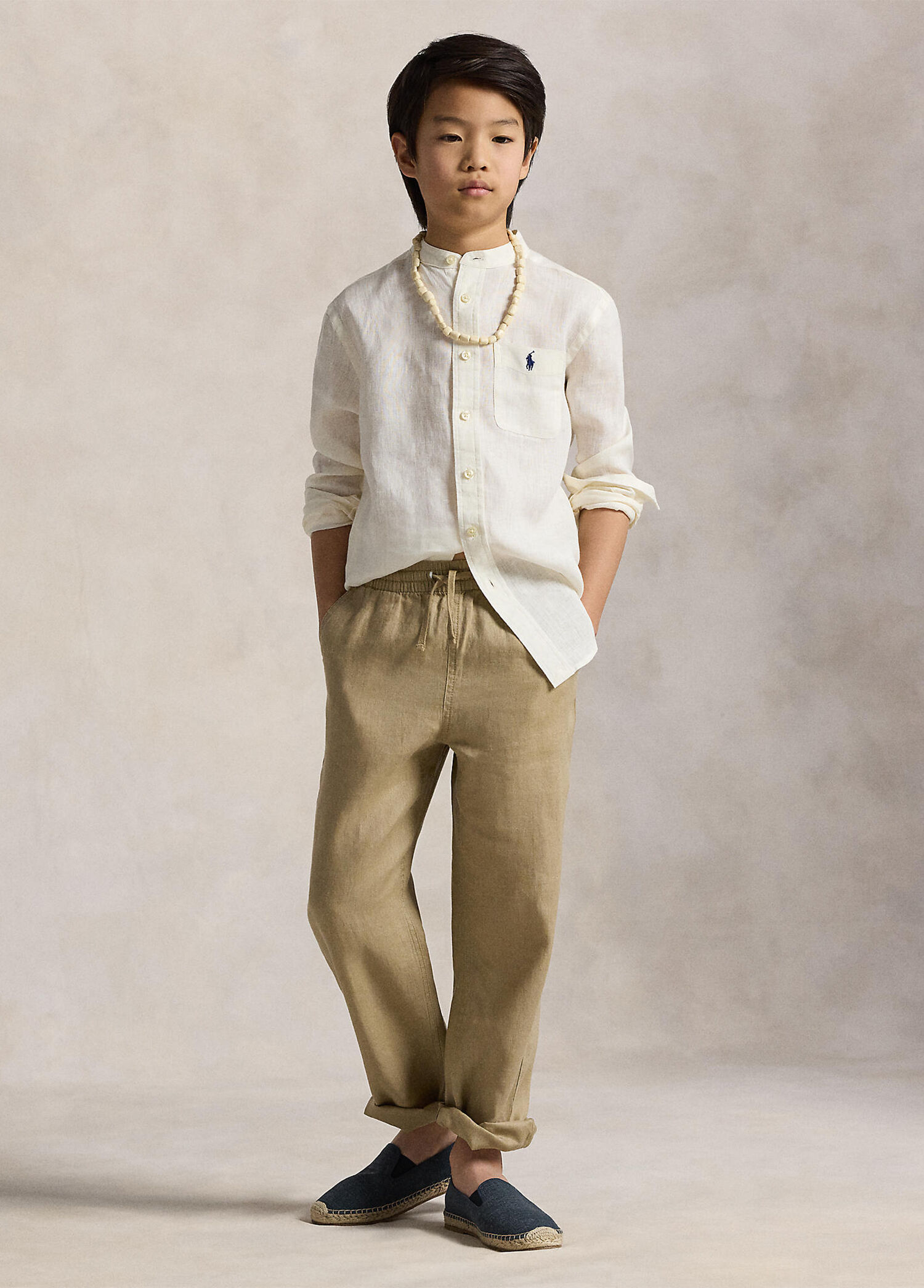 Beige Waist Corded Unisex Kids Linen Sweatpants