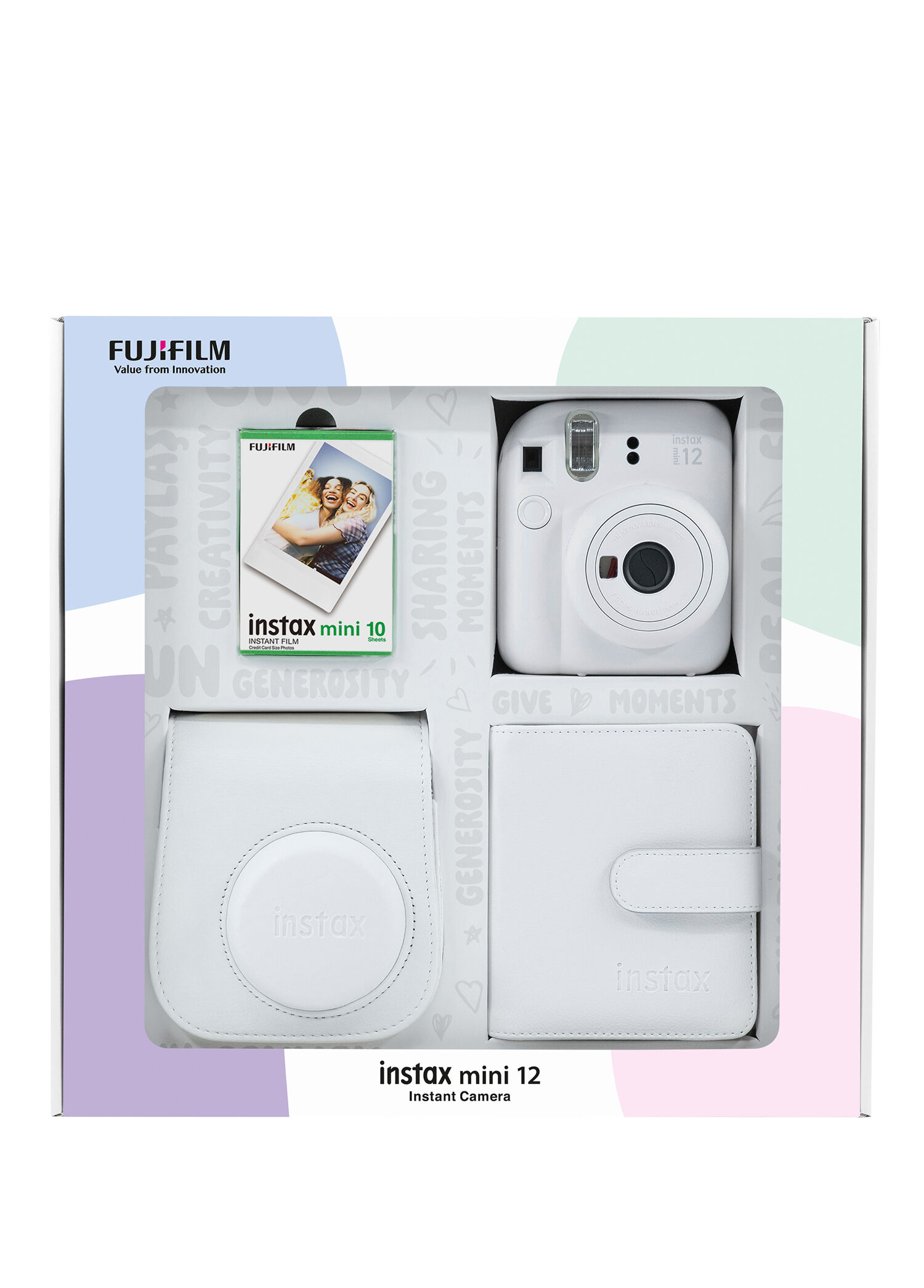Instax Mini 12 Beyaz Fotoğraf Makinesi + 10'lu Film Kare Albüm ve Deri Kılıf