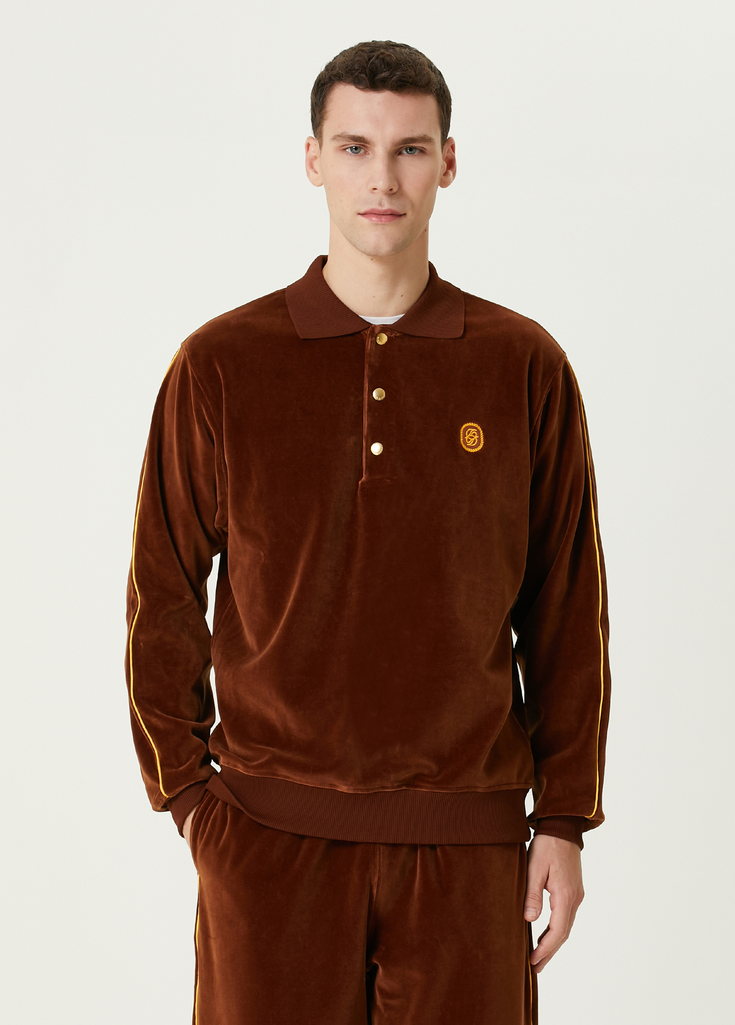 Kahverengi Polo Yaka Kadife Sweatshirt