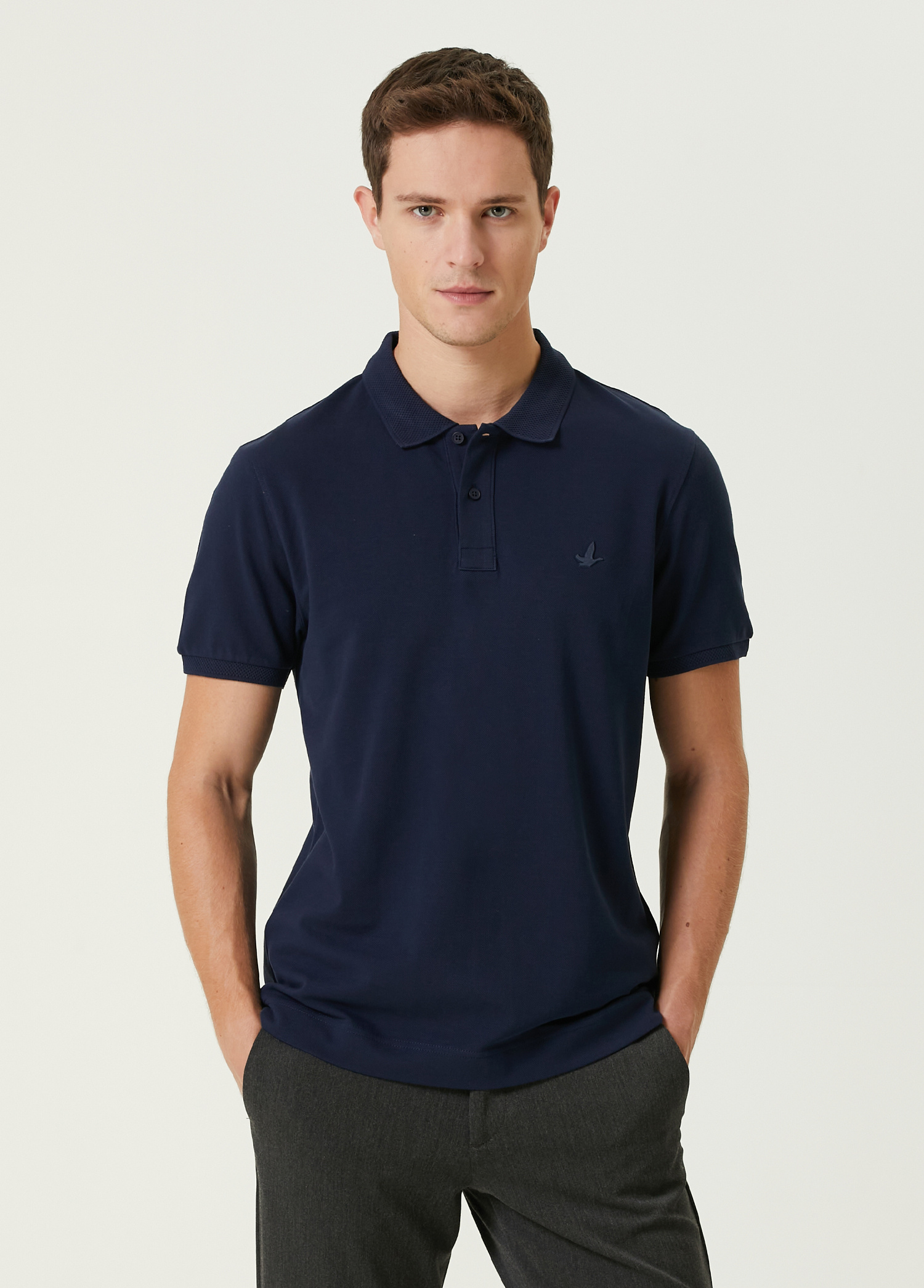 Lacivert Polo Yaka Petek Dokulu Logolu T-shirt