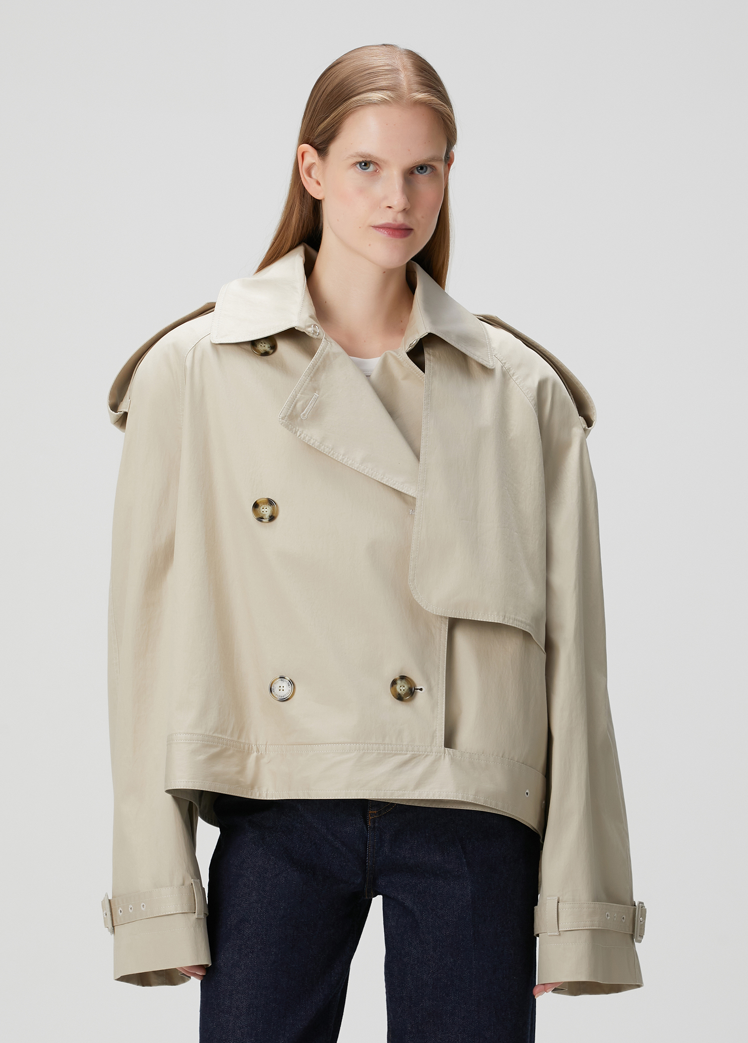 トレンチコート Stella McCartney SHORT TRENCH COAT WITH BELT Women Sand Cropped Belt Detail Trench Jacket | Stella