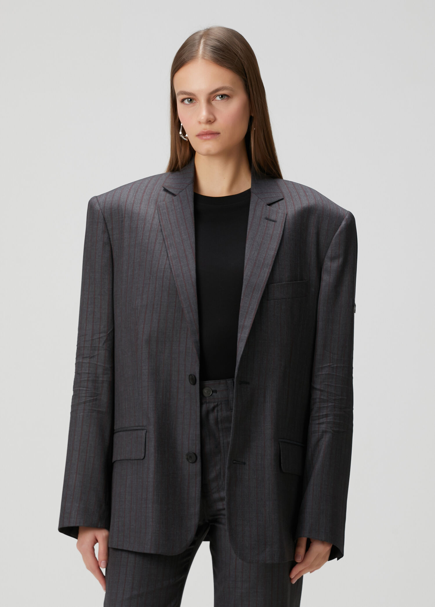 Gri Kırmızı Çizgili Yün Blazer
