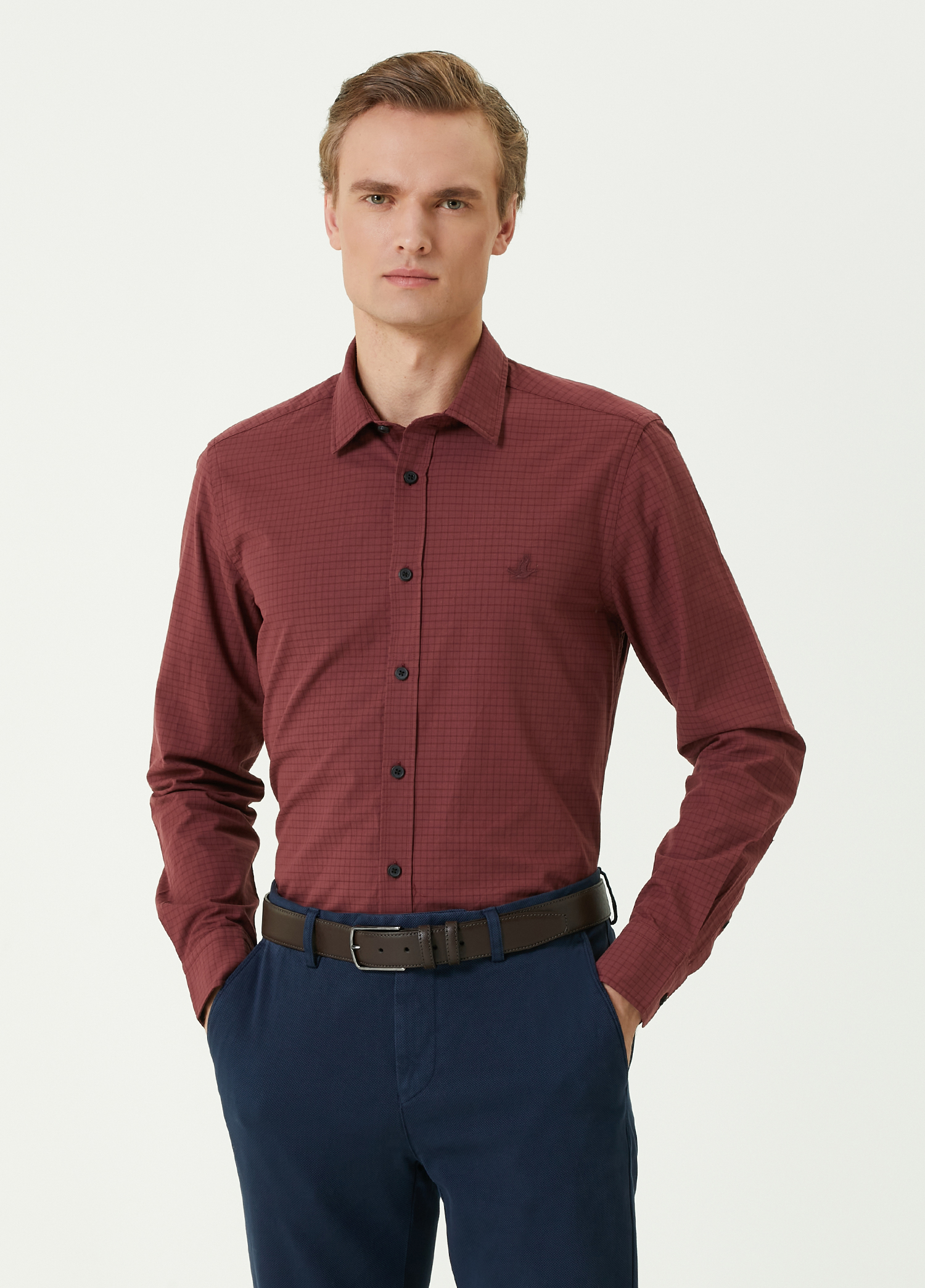 Slim Fit Bordo Kutu Kare Desenli Gömlek