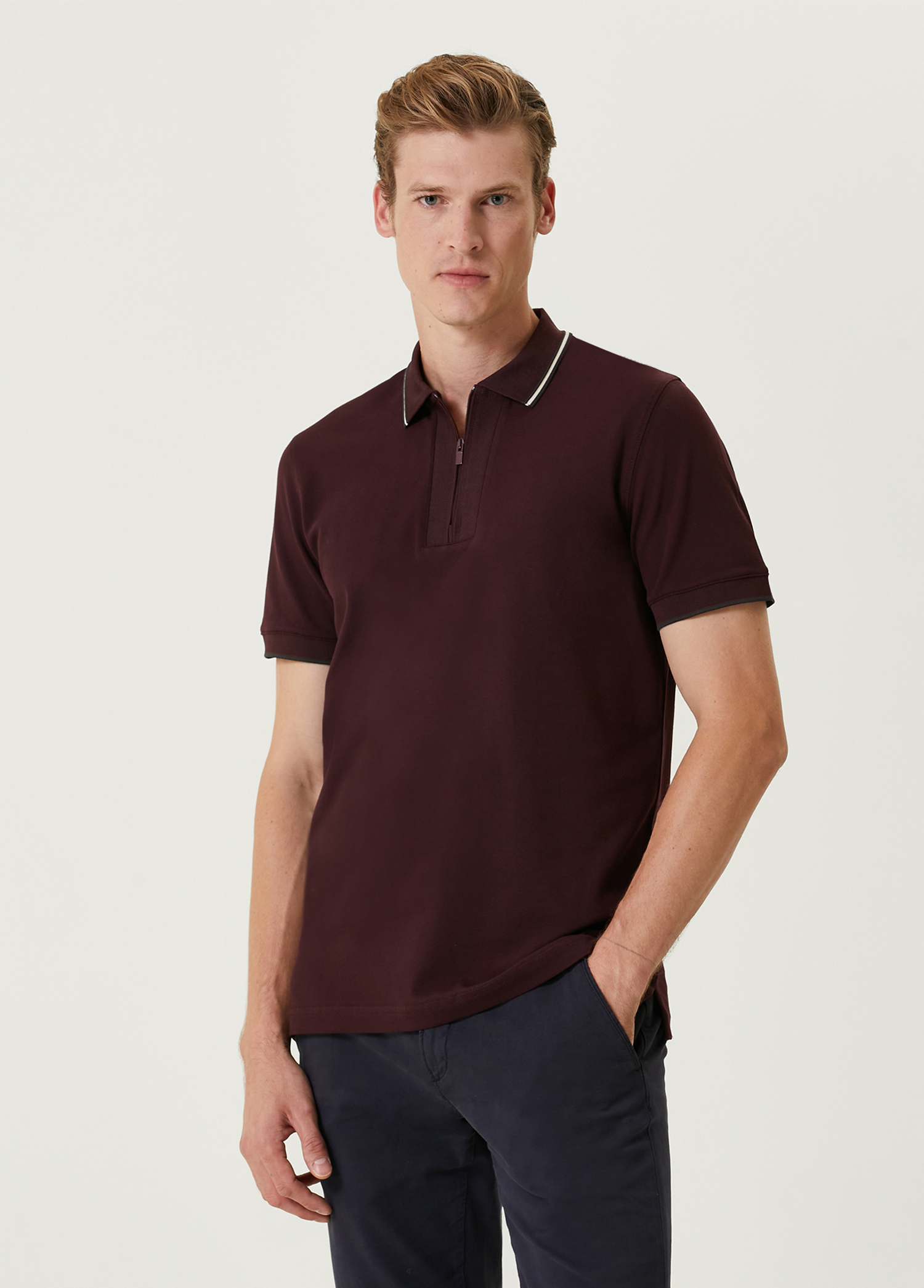 Bordo Yakası Çizgili Polo T-shirt