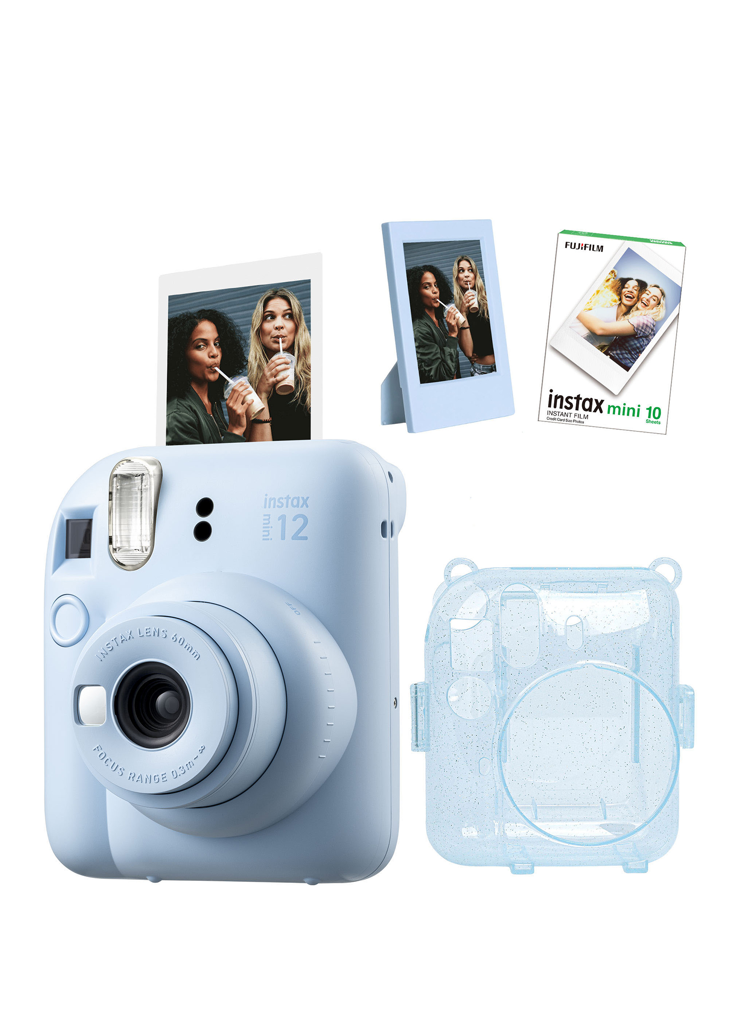 Instax Mini 12 Mavi Fotoğraf Makinesi + 10'lu Film ve Simli Pleksi Kılıf Çerçeve Hediye Seti