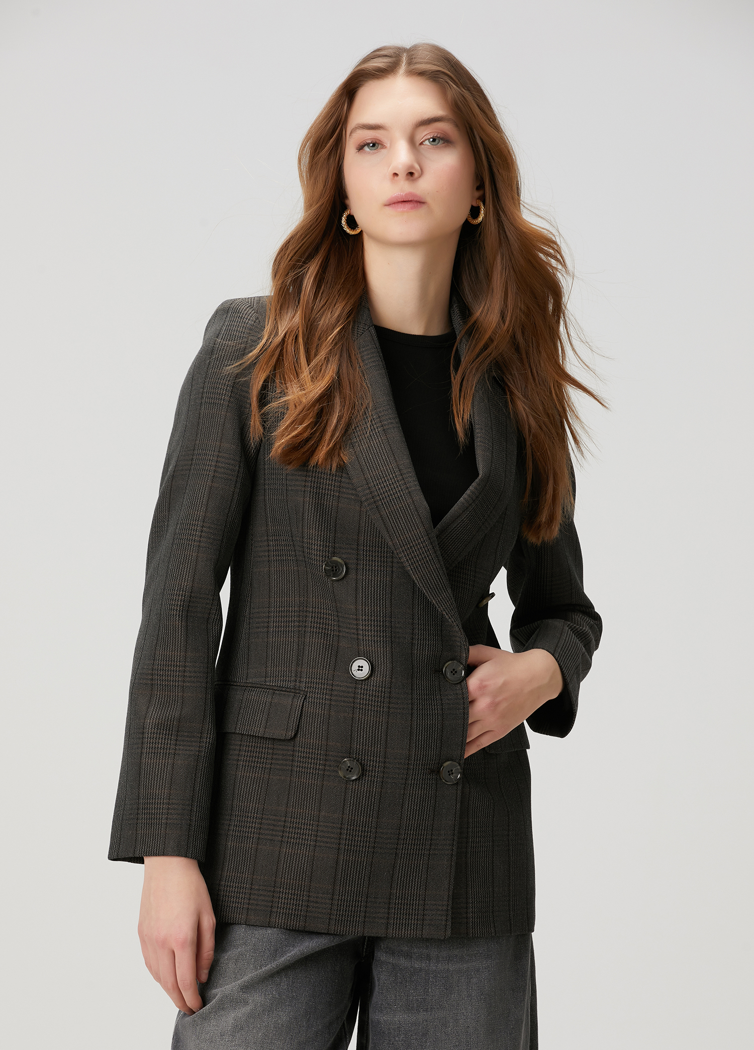 Antrasit Ekoseli Kruvaze Yün Blazer_4
