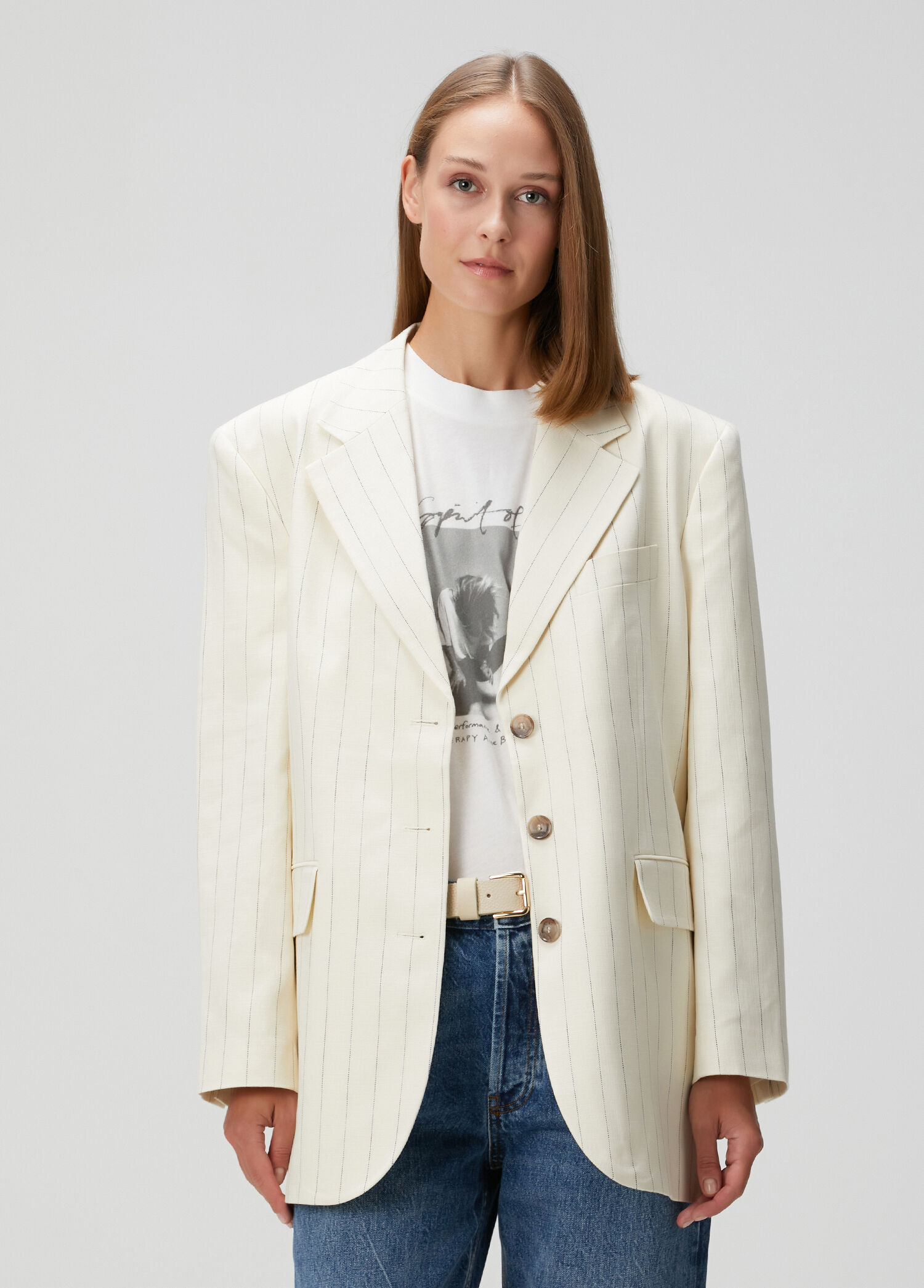 Sara Krem Çizgili Blazer