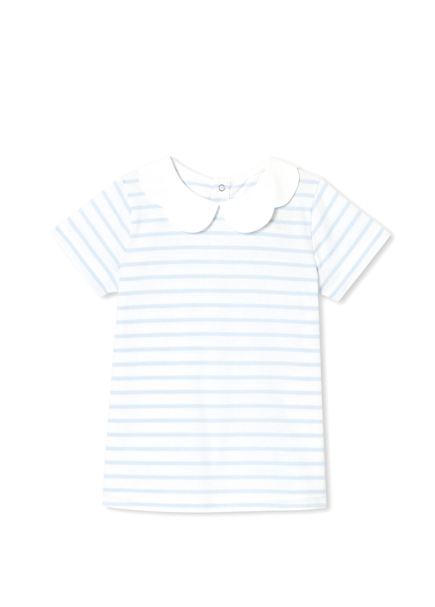 Beyaz Mavi Çizgili Poplin Yaka Kısa Kollu Kız Çocuk T-Shirt