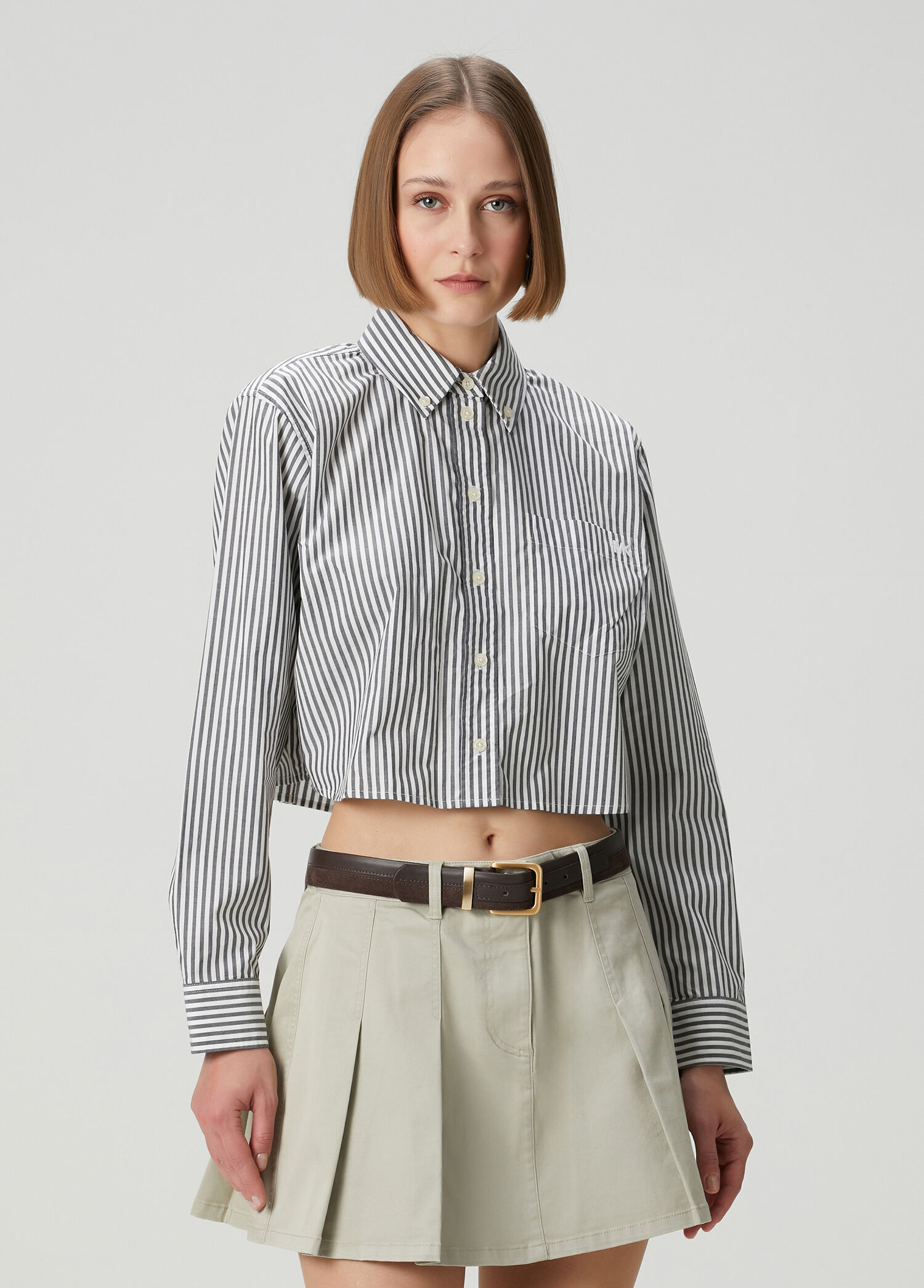 Siyah Beyaz Çizgili Crop Poplin Oxford Gömlek