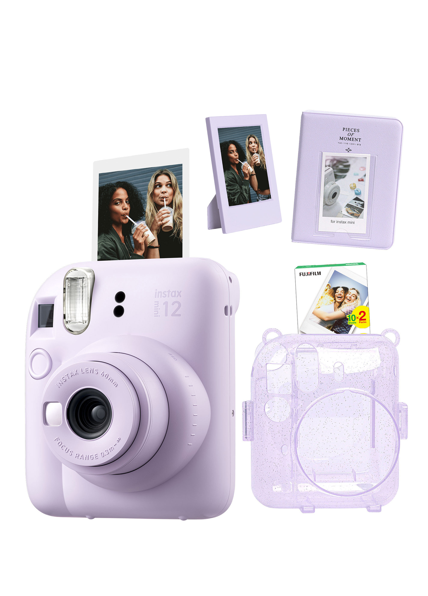 Instax mini 12 Lila Fotoğraf Makinesi + 20'li Film Simli Pleksi Kılıf Pvc Albüm ve Çerçeveli Hediye Seti