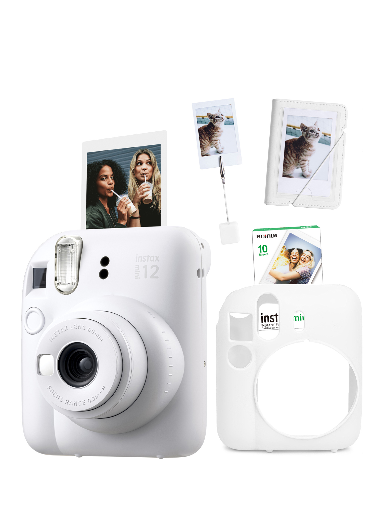 Instax Mini 12 Beyaz Fotoğraf Makinesi + 10'lu Film Kıskaçlı Stand Mini Albüm ve Silikon Kılıf Seti