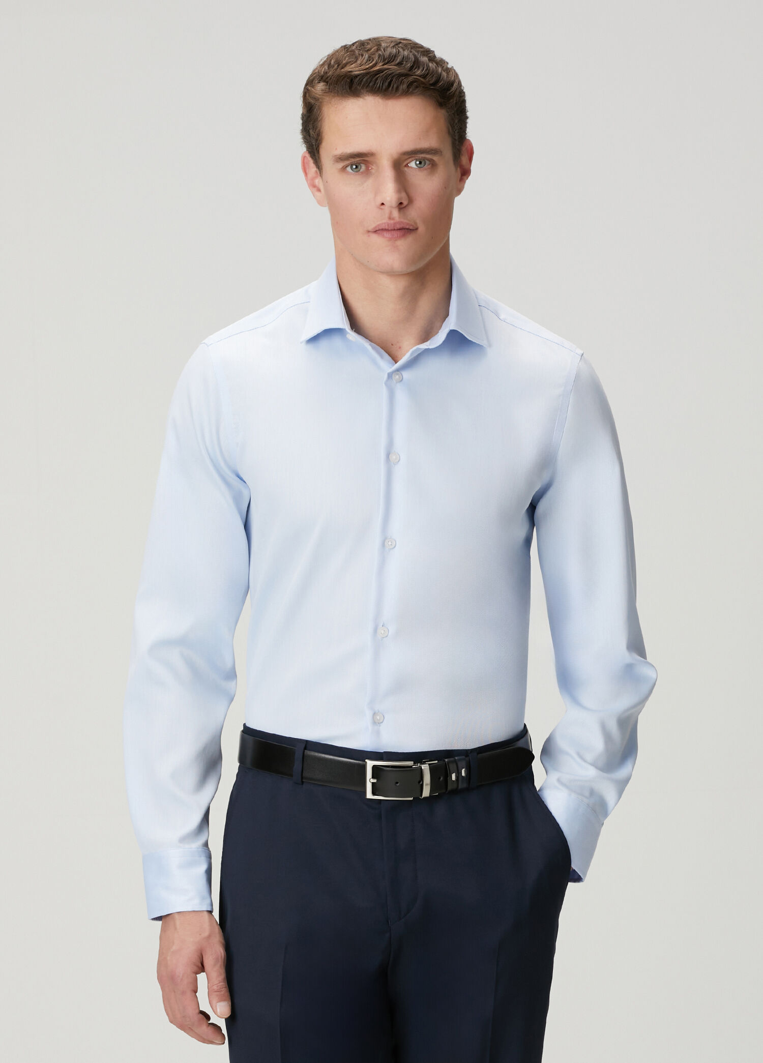 Açık Mavi Slim Fit Armürlü Non-Iron Gömlek