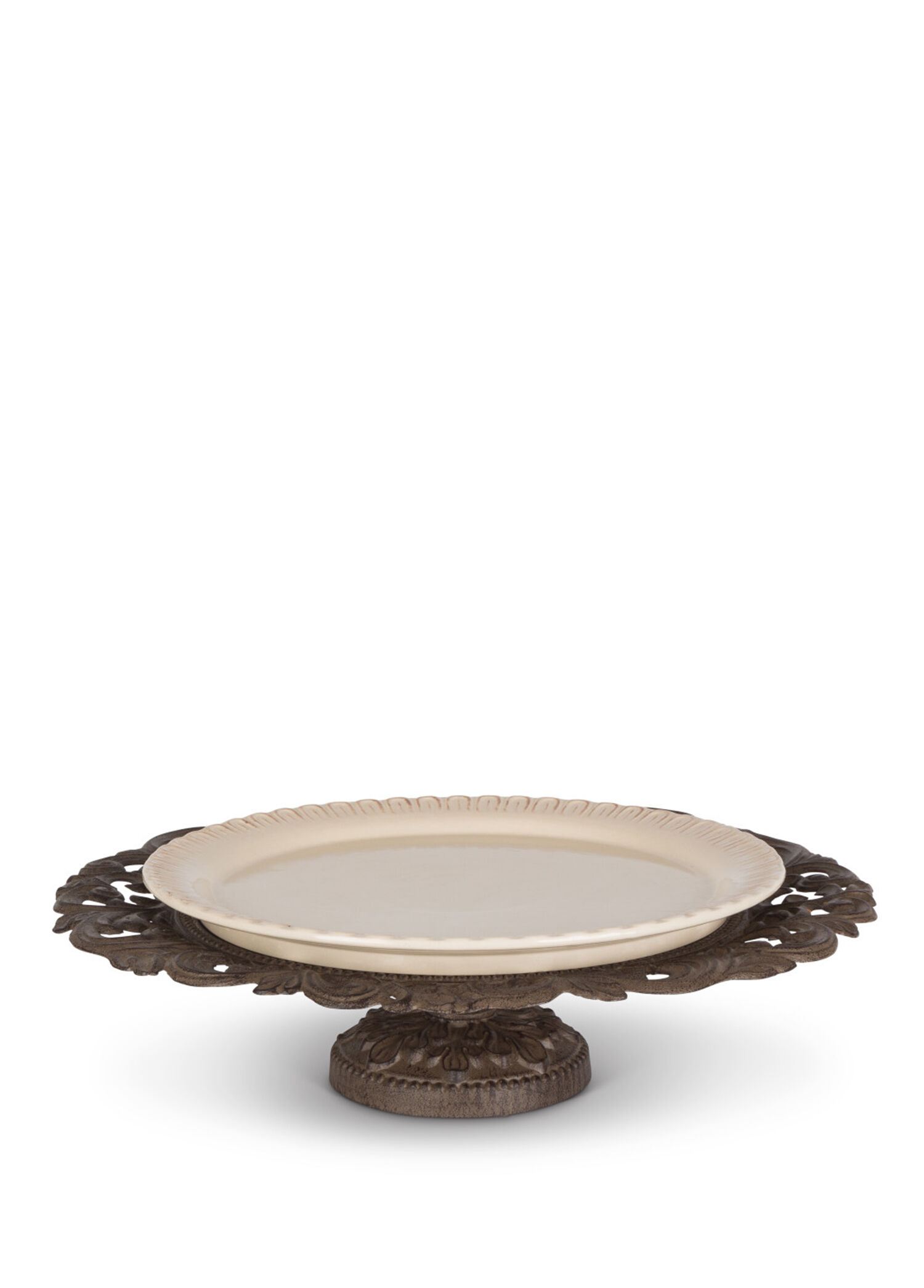 Pedastal Serving Platt Krem Rengi Metal ve Seramik Tabak ve Stand Seti 48 x 12 cm