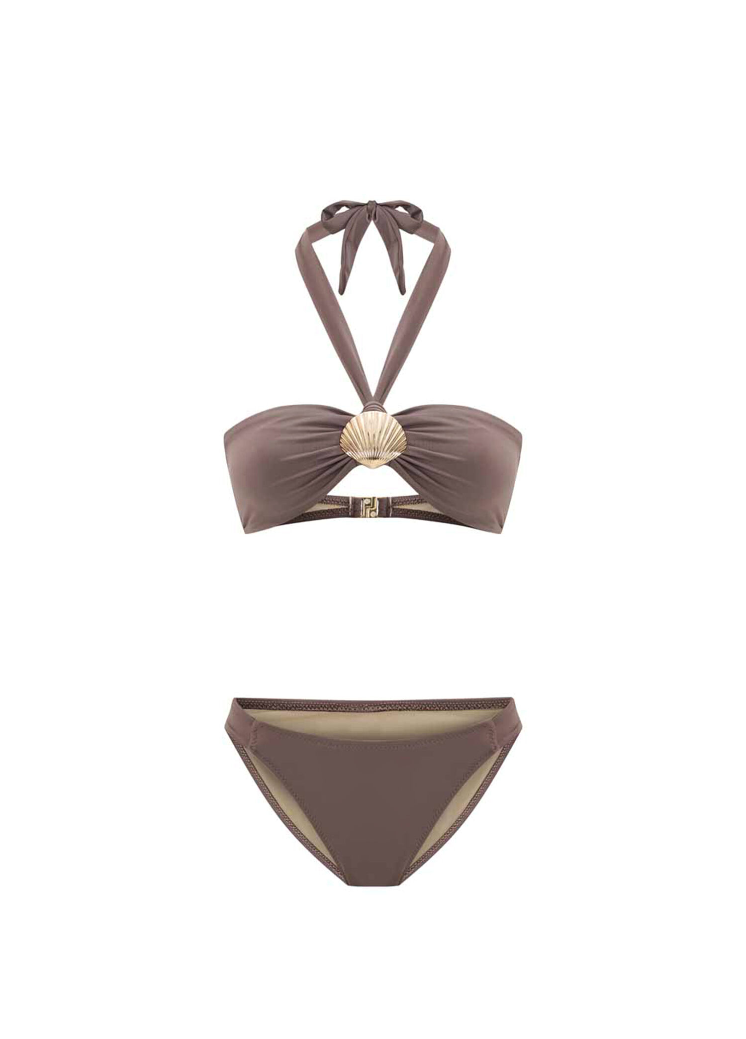 Nerisse Mocha Mouse Altın Deniz Kabuğu Aksesuarlı Boyundan Bağlamalı Kadın Bikini Takımı