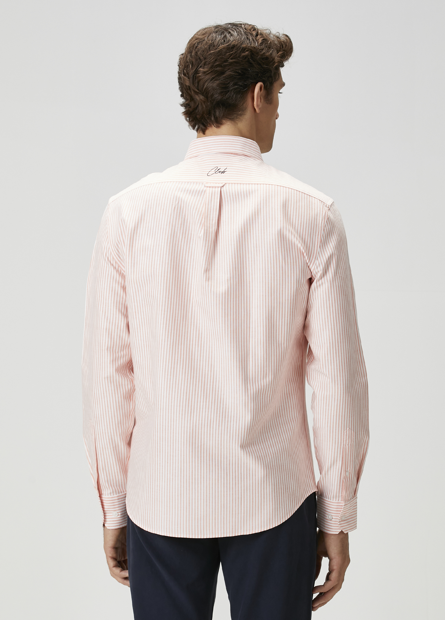 Comfort Fit Turuncu Çizgi Desenli Oxford Gömlek_4