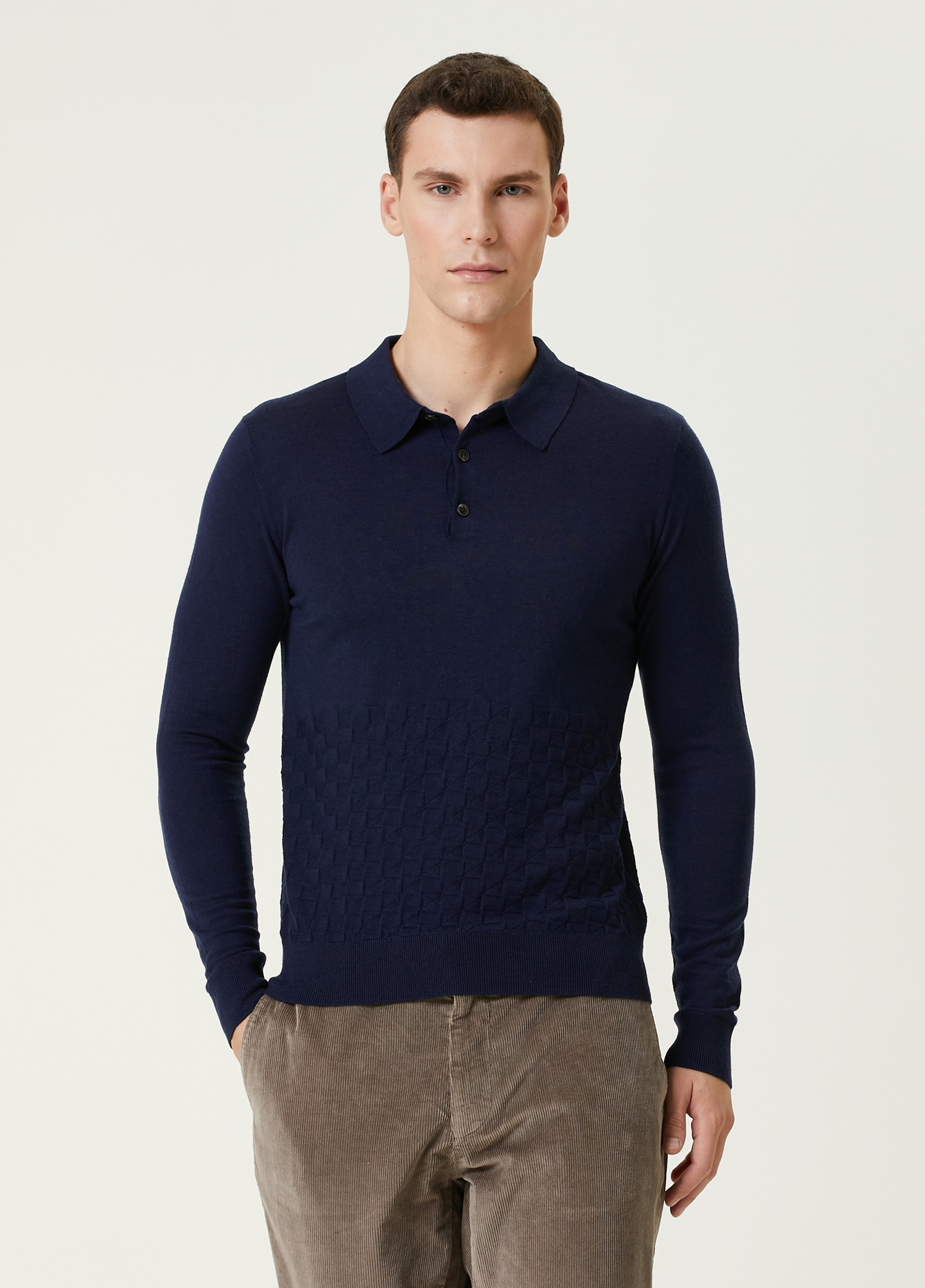 Lacivert Polo Yaka Yün Sweatshirt