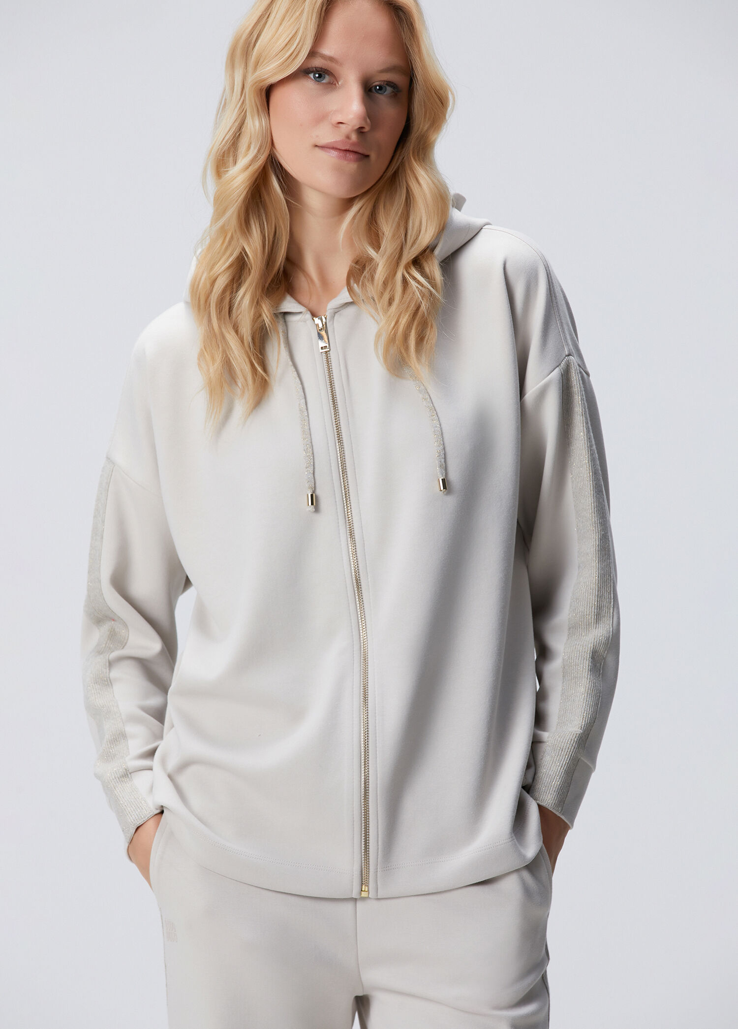 Bej Kapüşonlu Triko Garnili Sweatshirt