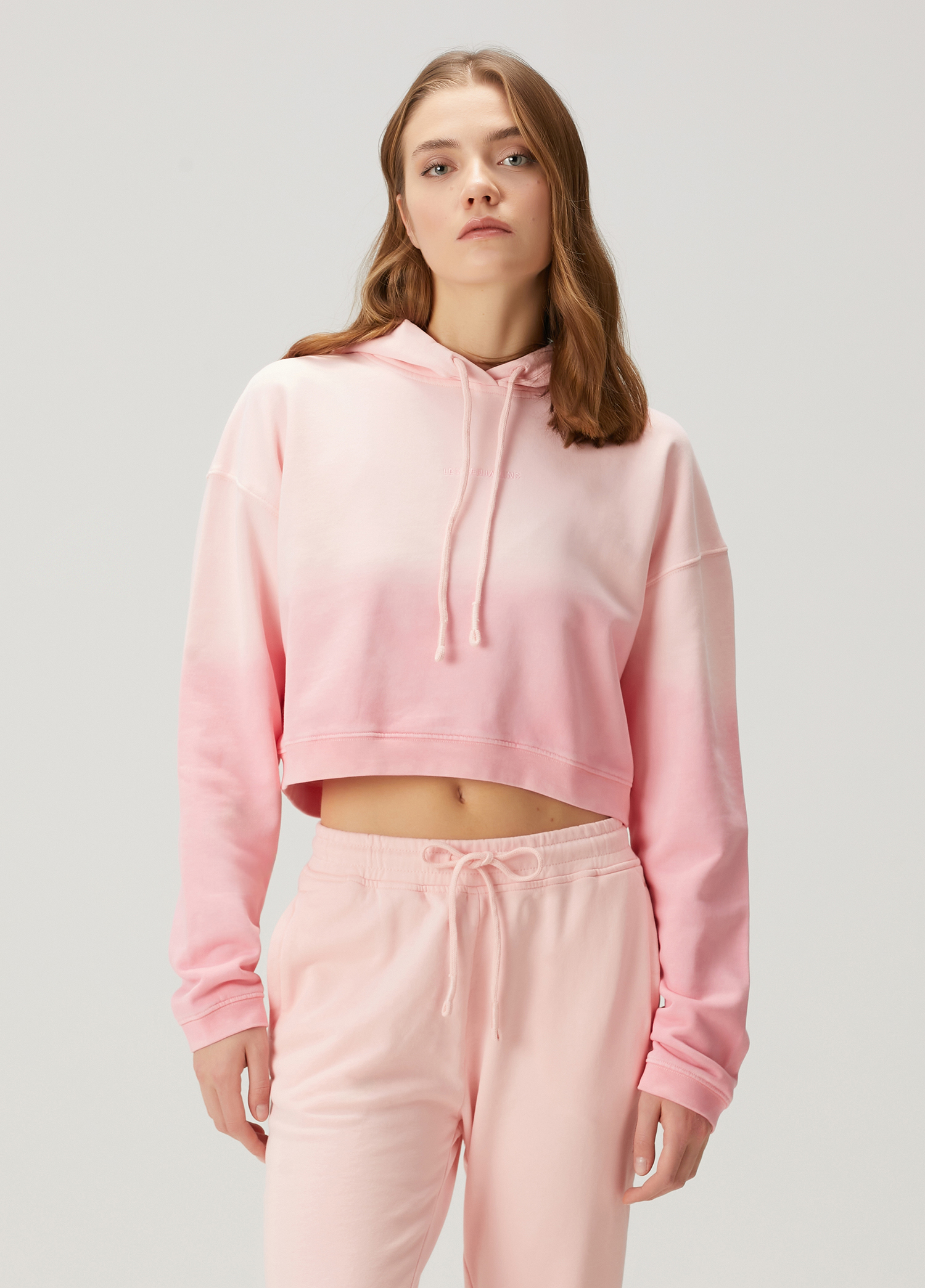 Pembe Kapüşonlu Crop Sweatshirt