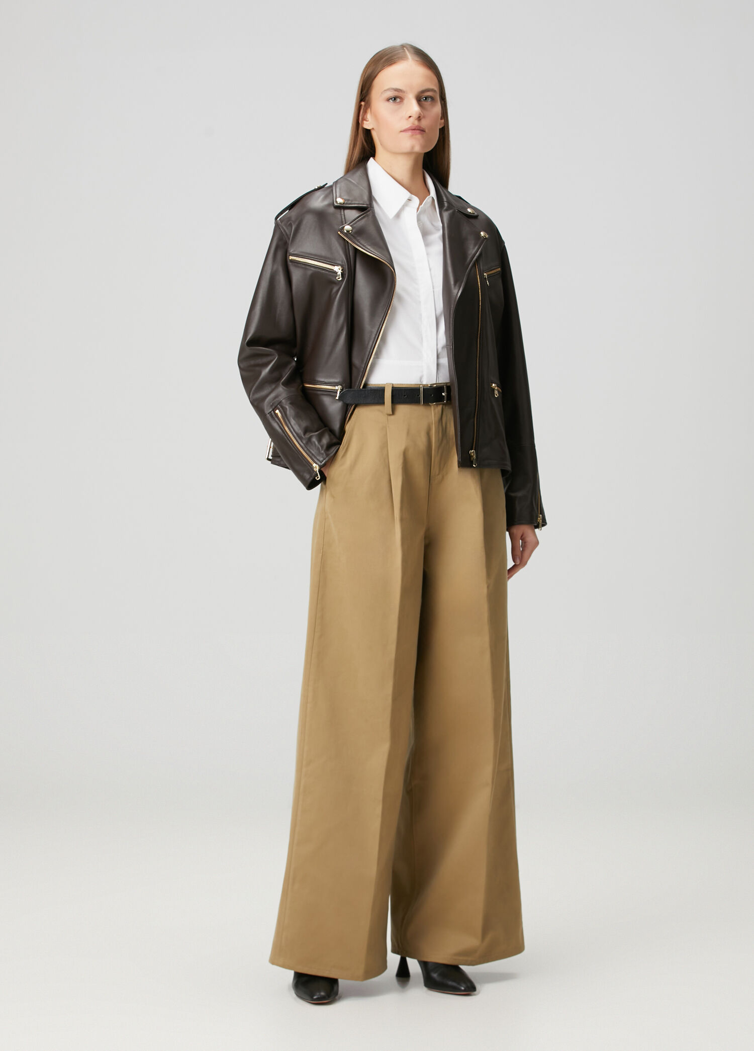 Bej Wide Leg Twill Pantolon