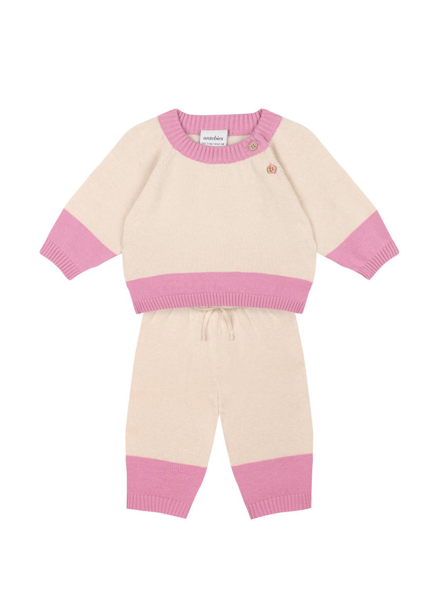 Krem Rengi Pembe Kontrastlı Kazak Pantolon Kız Bebek 2'li Triko Set
