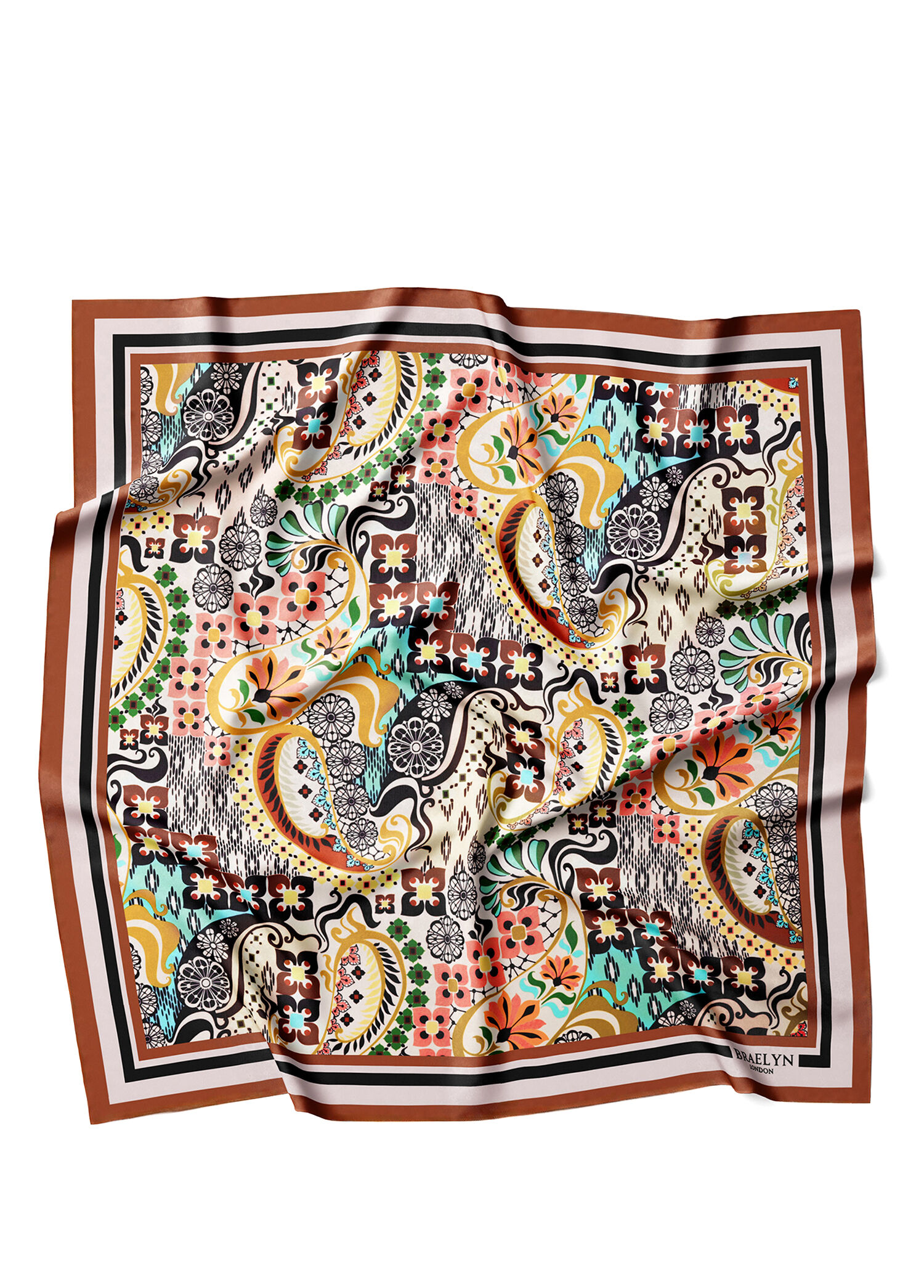 Bohemian Mosaic Turkuaz Sarı Twill İpek Kadın Eşarp