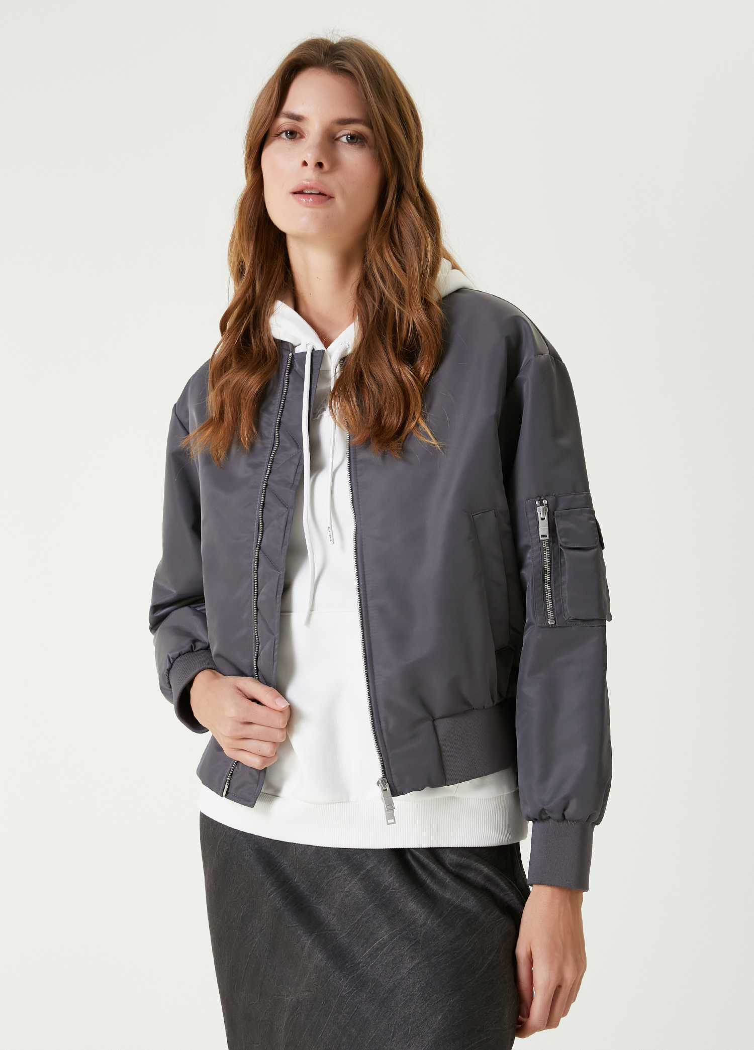 Gri Klasik Bomber Mont