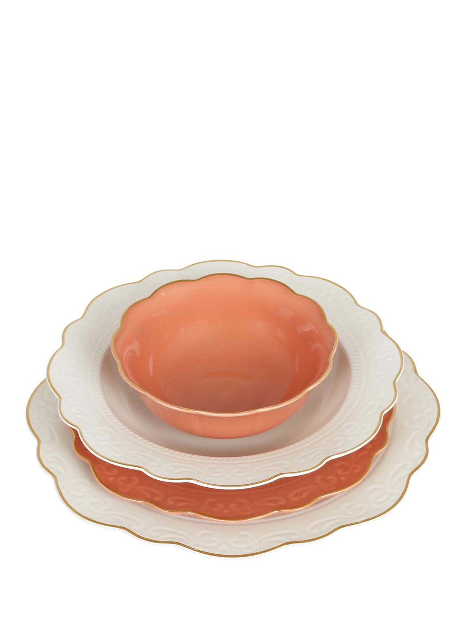 Laurance Krem & Turuncu New Bone China Porselen 6 Kişilik 24 Parça Yemek Takımı