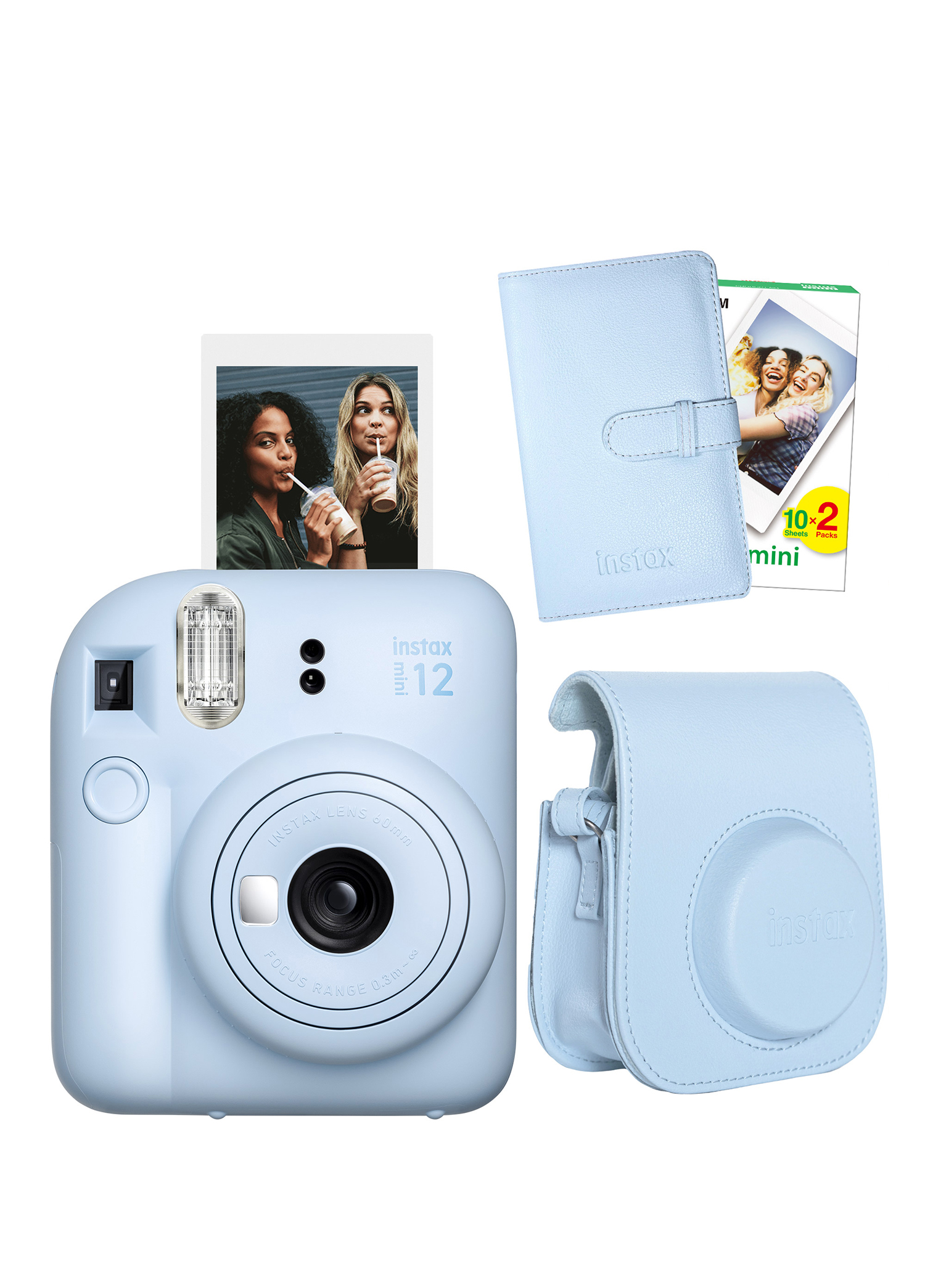 Instax mini 12 Mavi Fotoğraf Makinesi + 20'li Film Laporta Albüm ve Deri Kılıf Seti