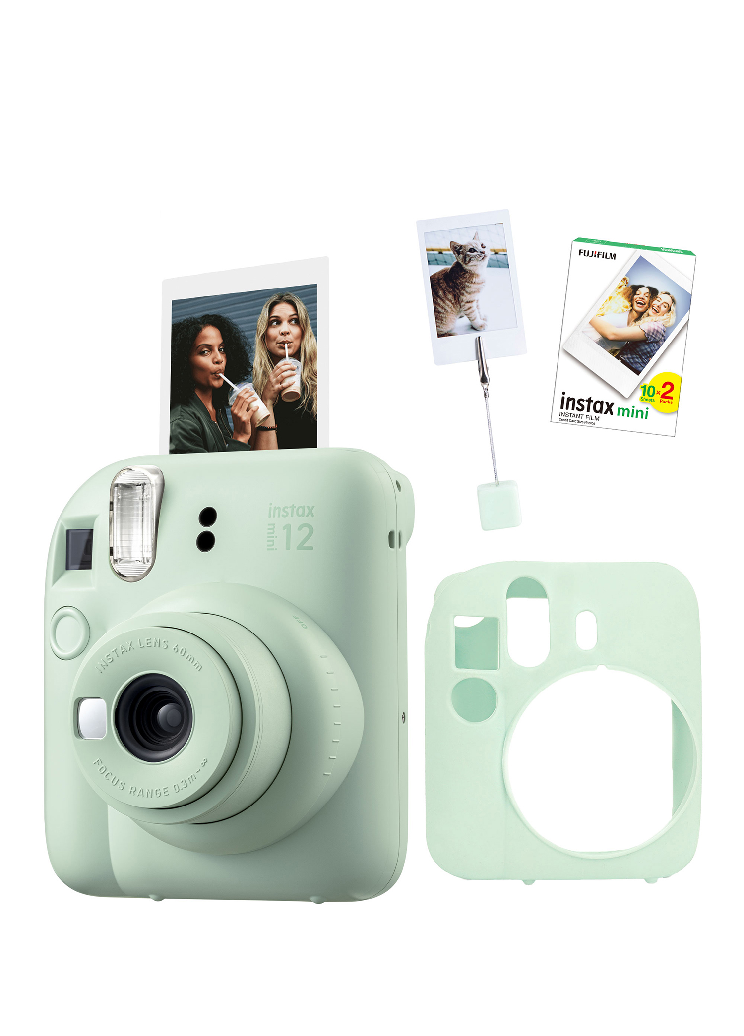 Instax Mini 12 Yeşil Fotoğraf Makinesi + 20'li Film Kıskaçlı Resim Standı ve Silikon Kılıf Seti