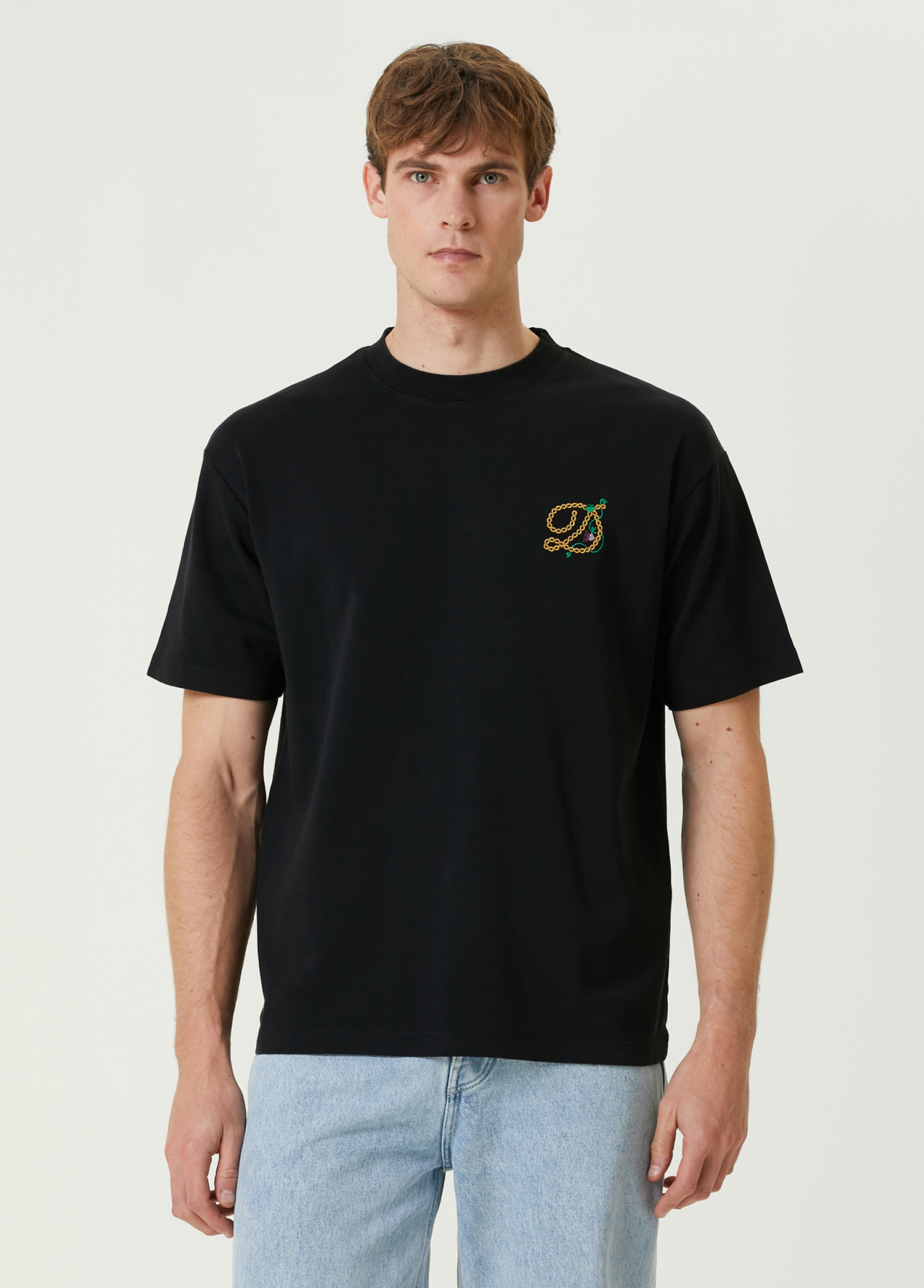 D Raisin Siyah Çiçekli Logo Nakışlı T-shirt