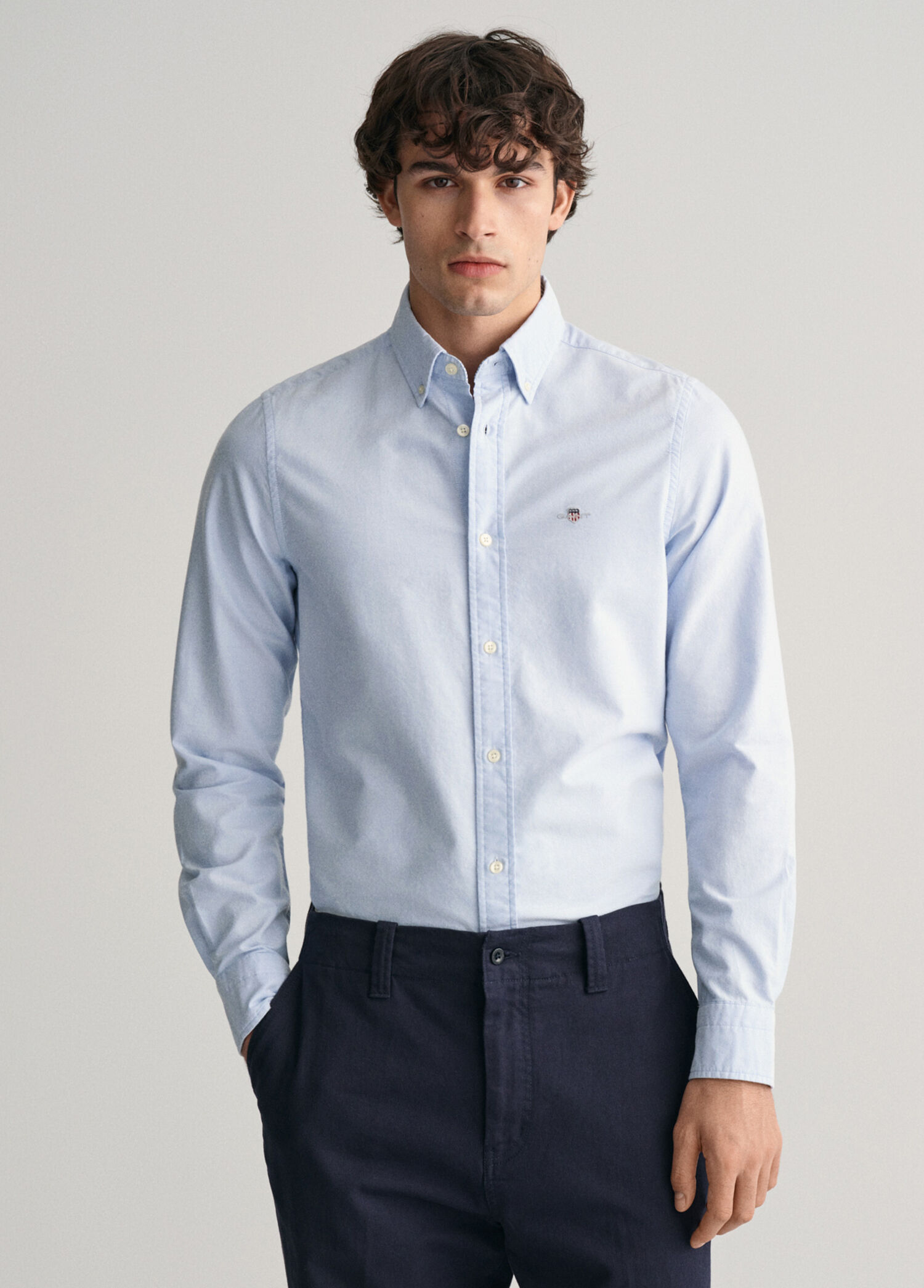 Mavi Slim Fit Düğmeli Yaka Uzun Kollu Erkek Gömlek