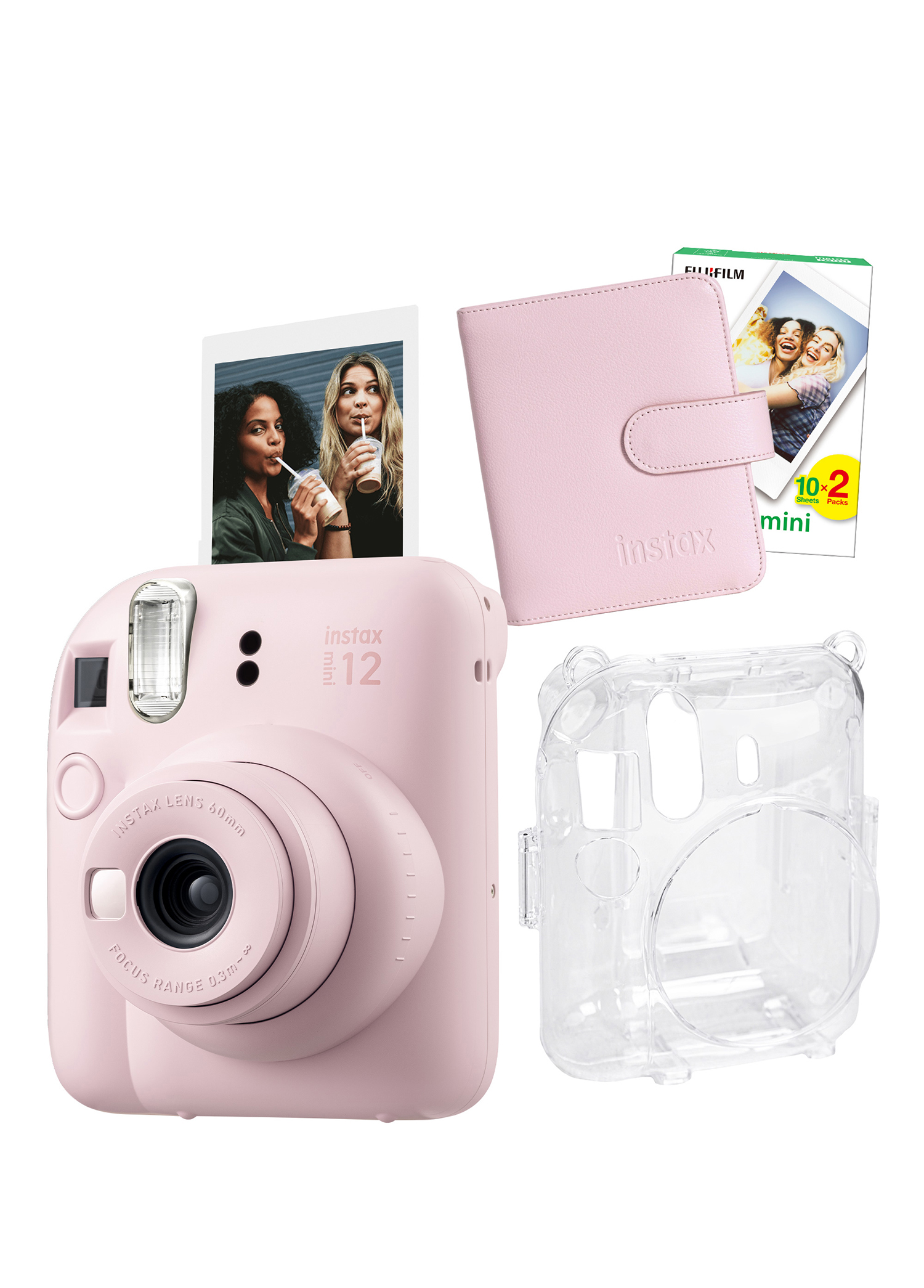 Instax Mini 12 Pembe Fotoğraf Makinesi + 20'li Film Kare Albüm ve Şeffaf Kılıf Seti