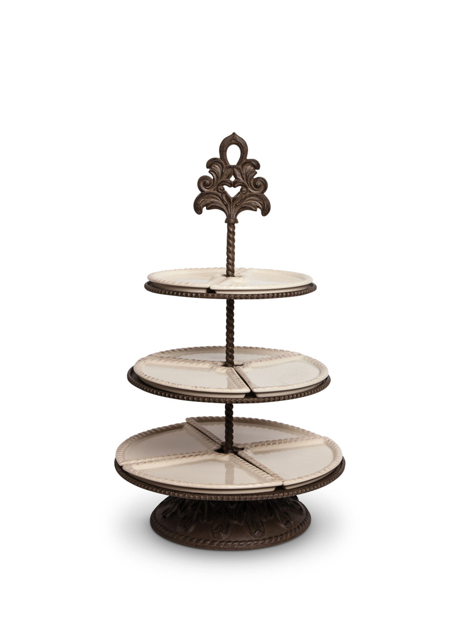 Baroque Krem Rengi Seramik 3 Katlı Servis Standı 40,6 x 40, 6 cm