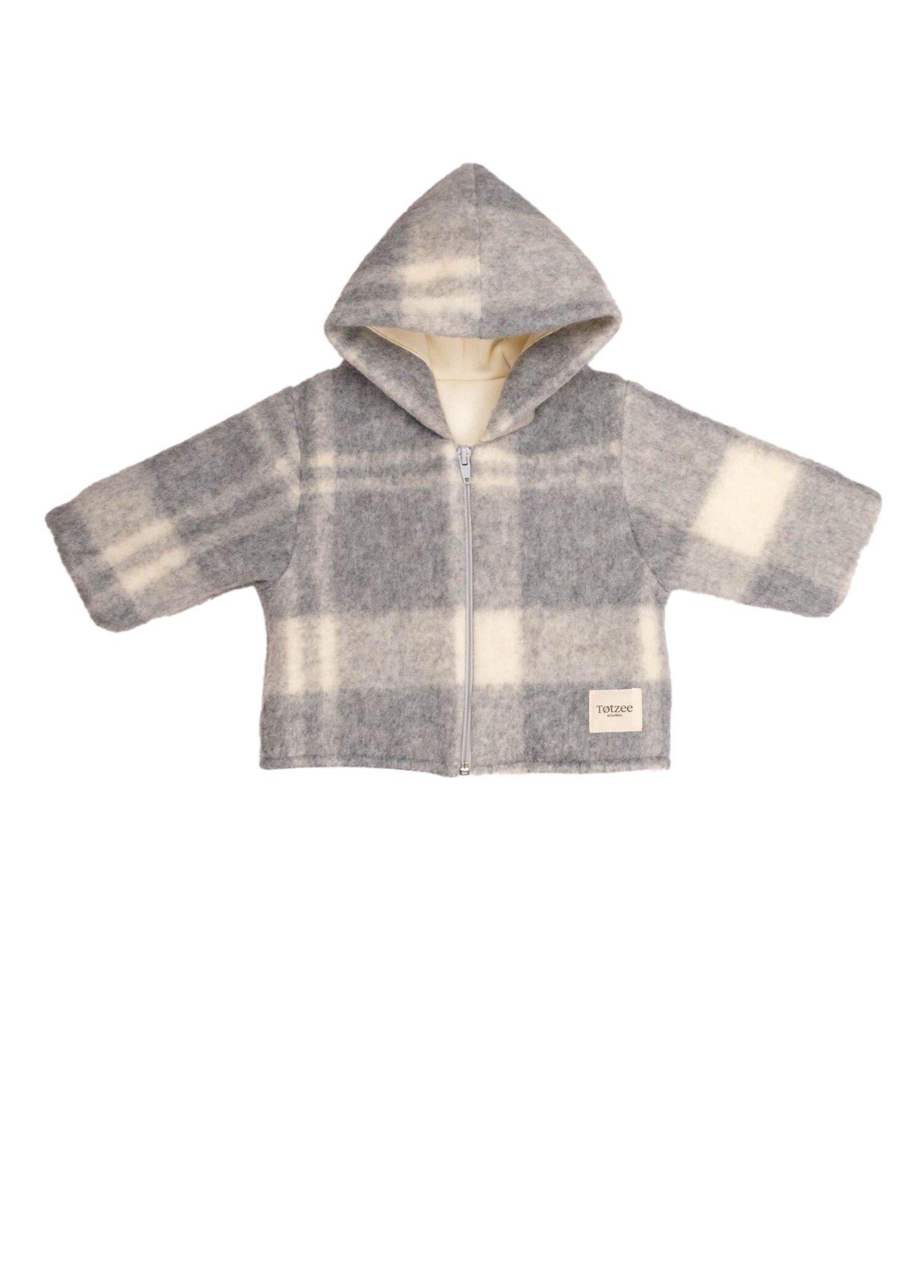 Gri Krem Ekoseli Kapüşonlu Unisex Bebek Mont
