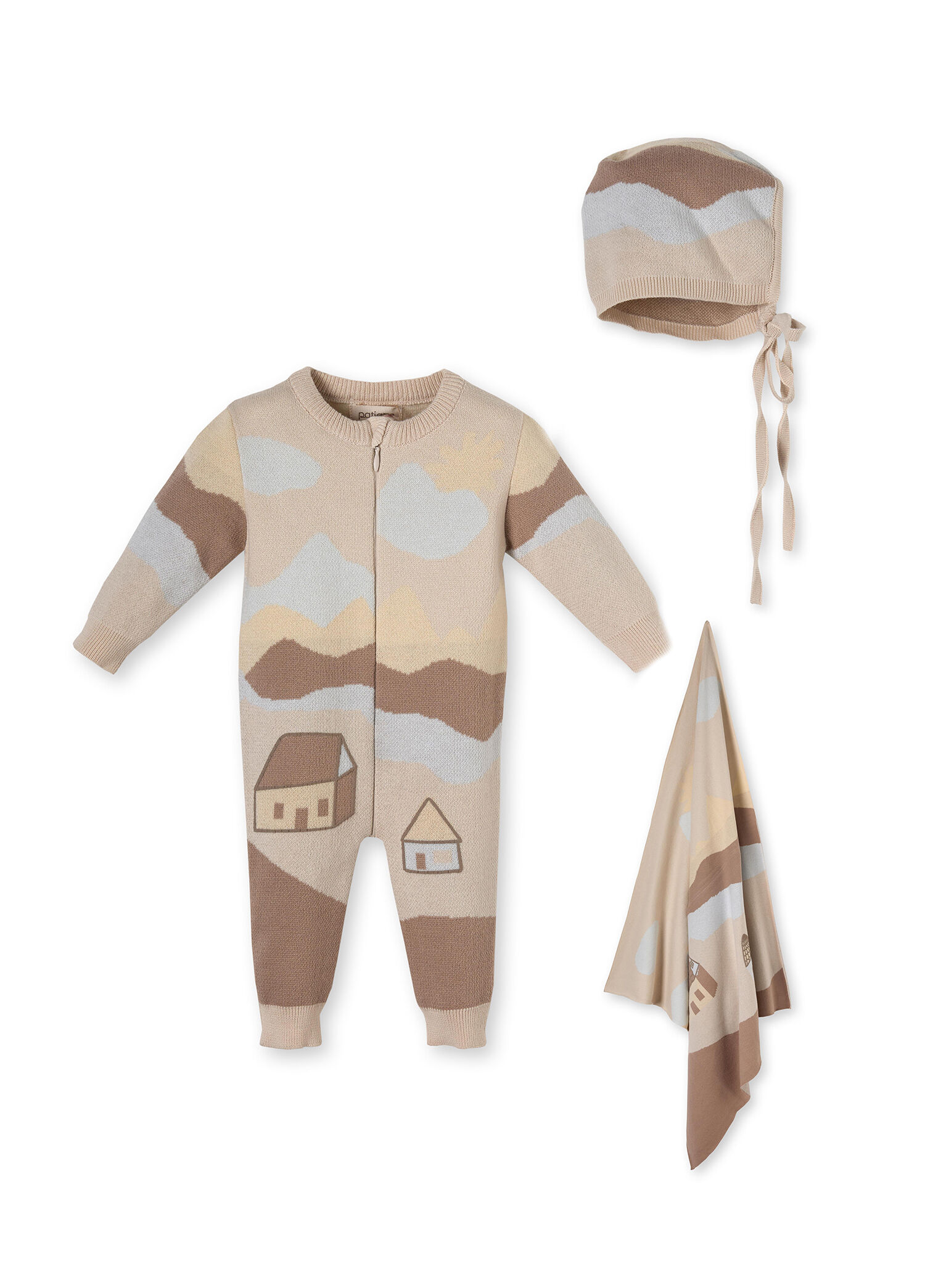 Desenli Triko Tulum Bere Zıbın ve Battaniye Unisex Bebek 4'lü Kutulu Set