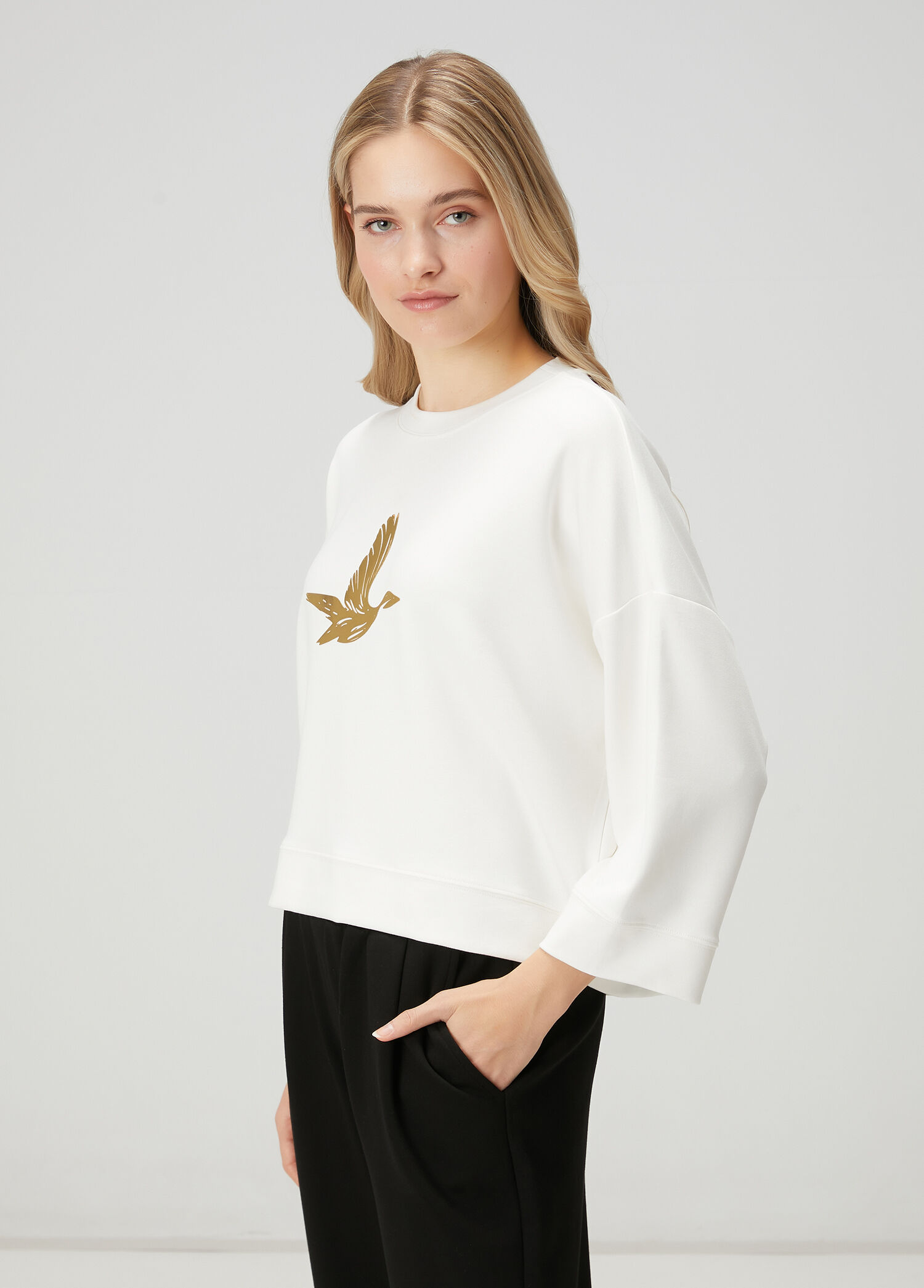 Kırık Beyaz Gold Logolu Sweatshirt