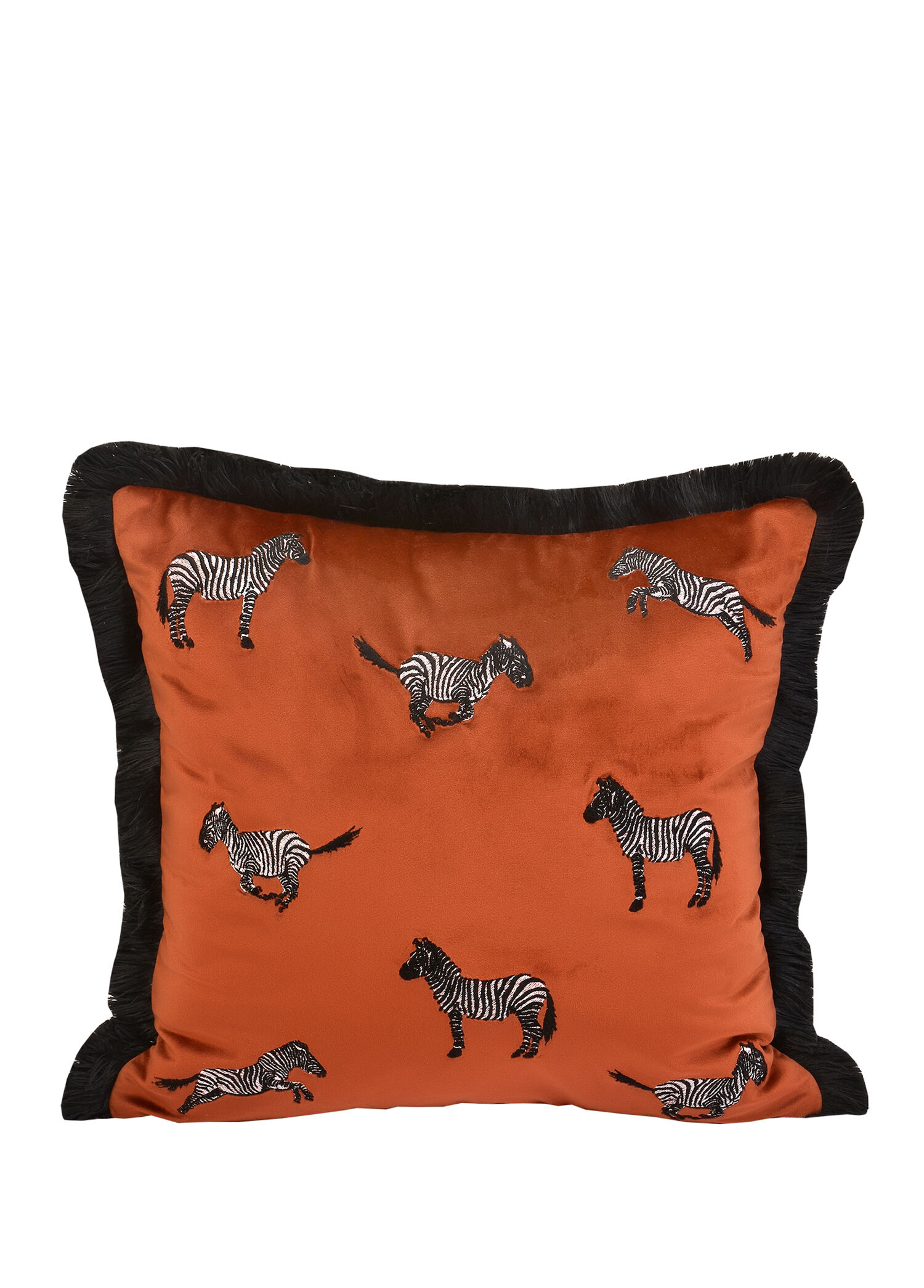 Dekoratif Zebra Nakış İşlemeli Siyah Püsküllü Kiremit Kadife Yastık Kılıfı 45 x 45 cm