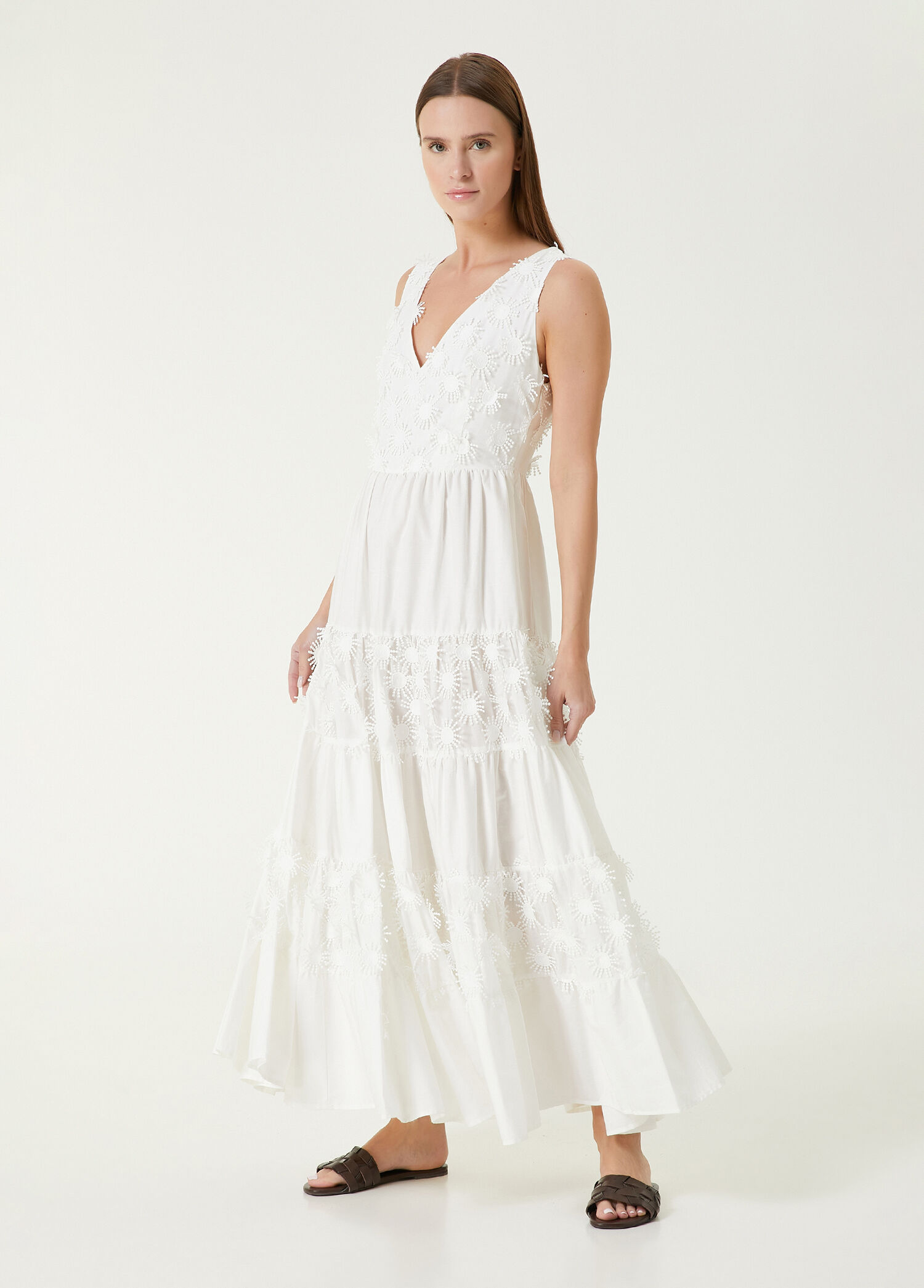Smocked Ribbon Tie Maxi Dress: ECRU
