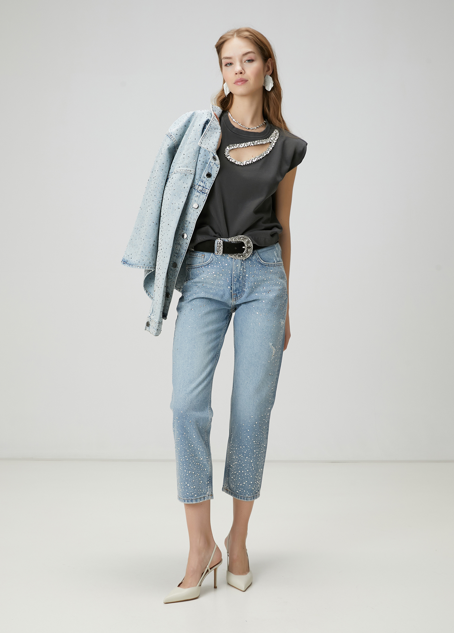 Blue Embellished Slouchy Jeans