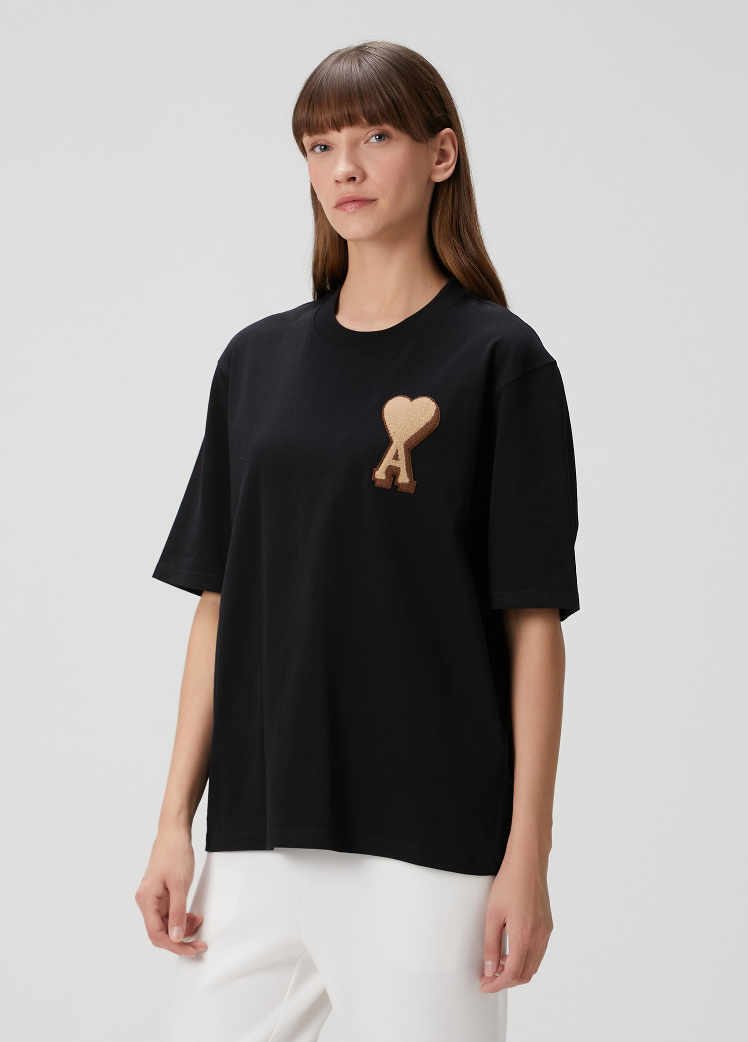 ami paris ベージュ ユニセックスロゴ刺繍　黒ロゴ Ami Paris - Siyah T-shirt - Siyah
