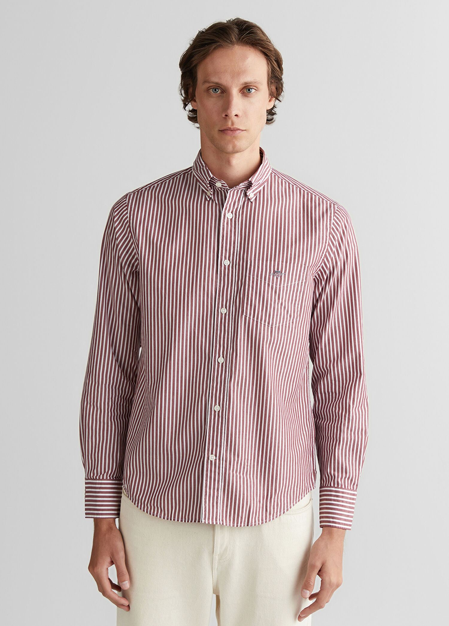 Bordo Çizgili Düğmeli Yaka Poplin Regular Fit Uzun Kollu Erkek Gömlek