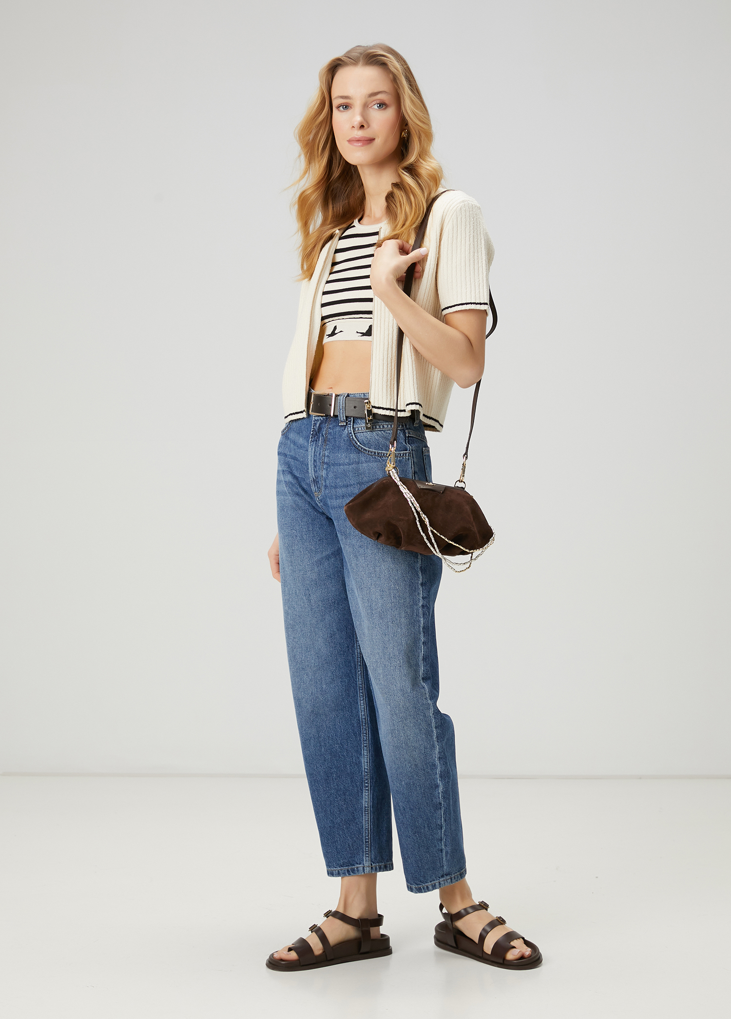 Ekru Siyah Çizgili Crop Atlet_1