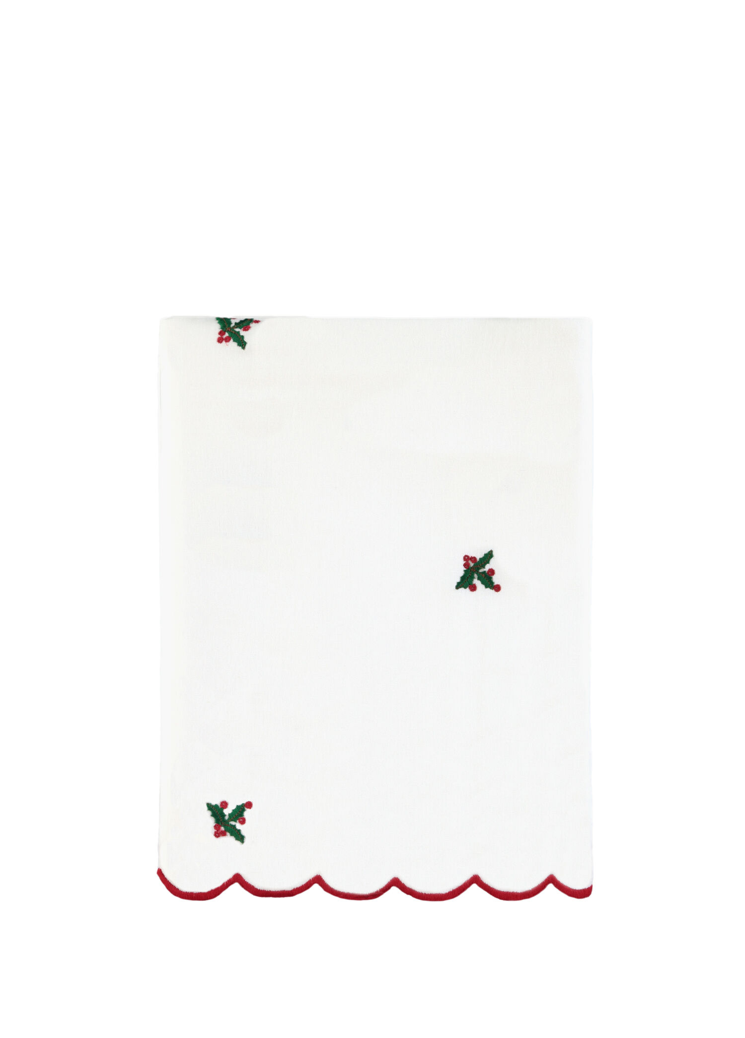 Christmas Holly Beyaz Keten Nakışlı Masa Örtüsü 150 x 250 cm